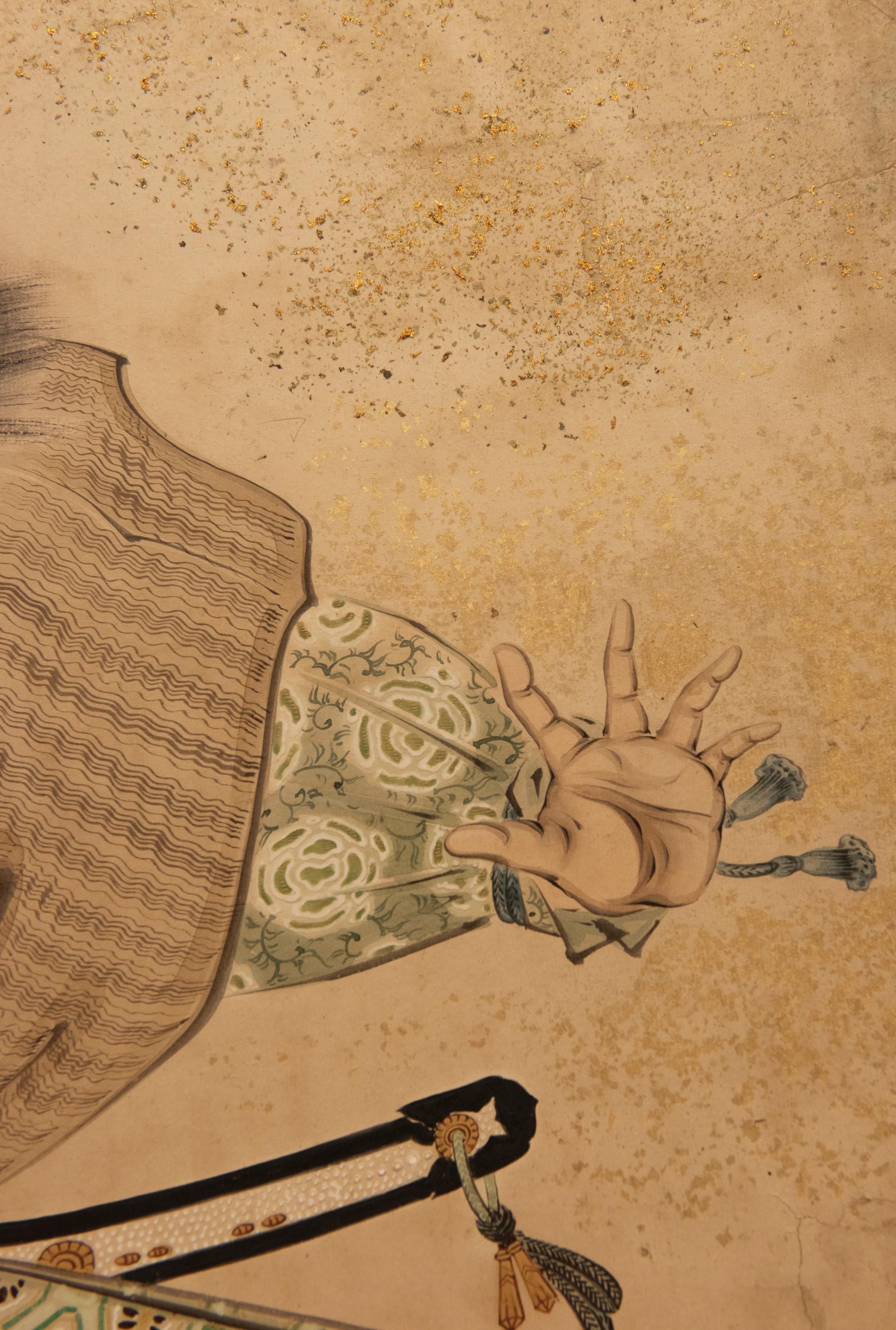 20th Century A four-panel folding screen depicting a Yamabushi and two Samurai For Sale