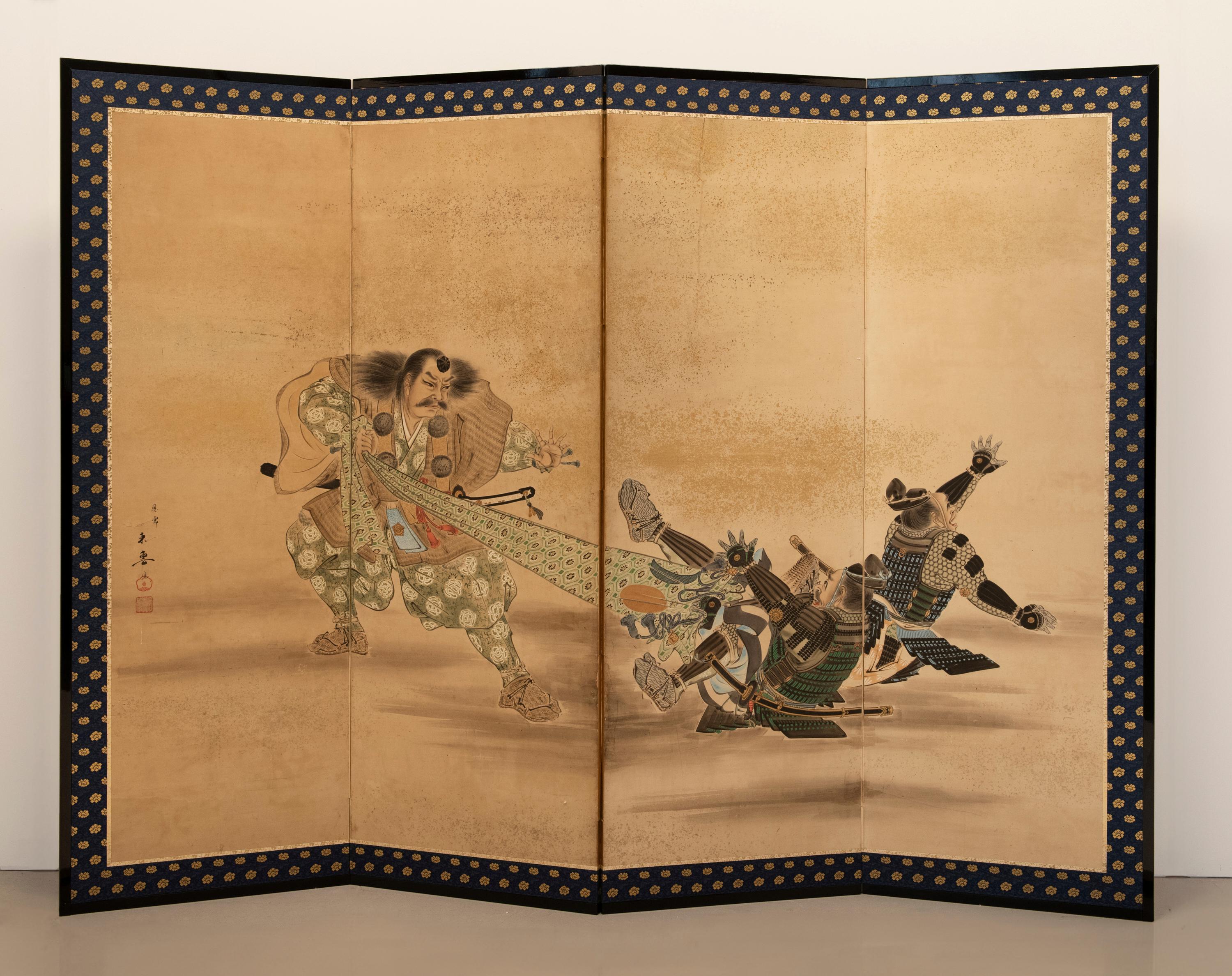 A four-panel folding screen depicting a Yamabushi and two Samurai For Sale 1