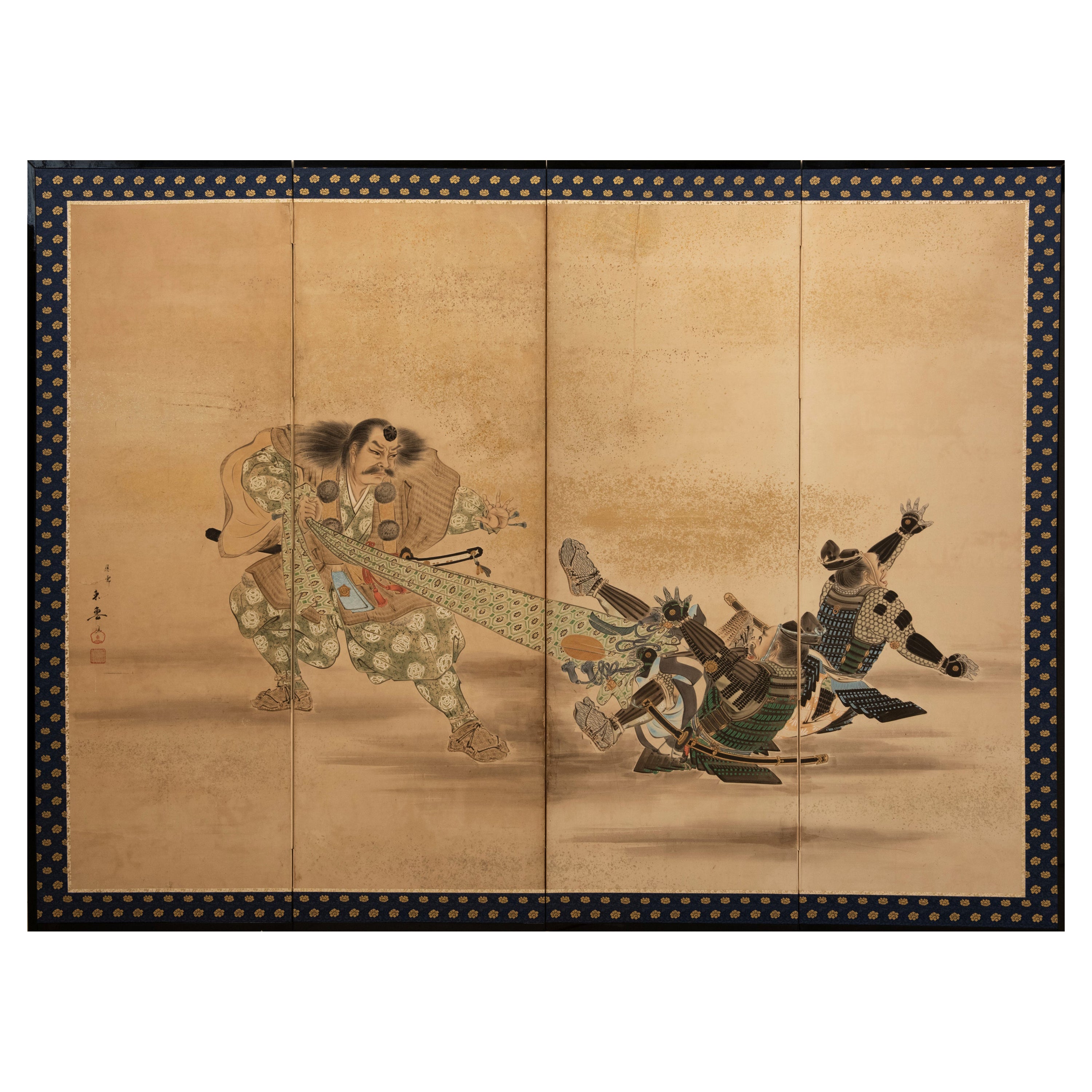 A four-panel folding screen depicting a Yamabushi and two Samurai For Sale