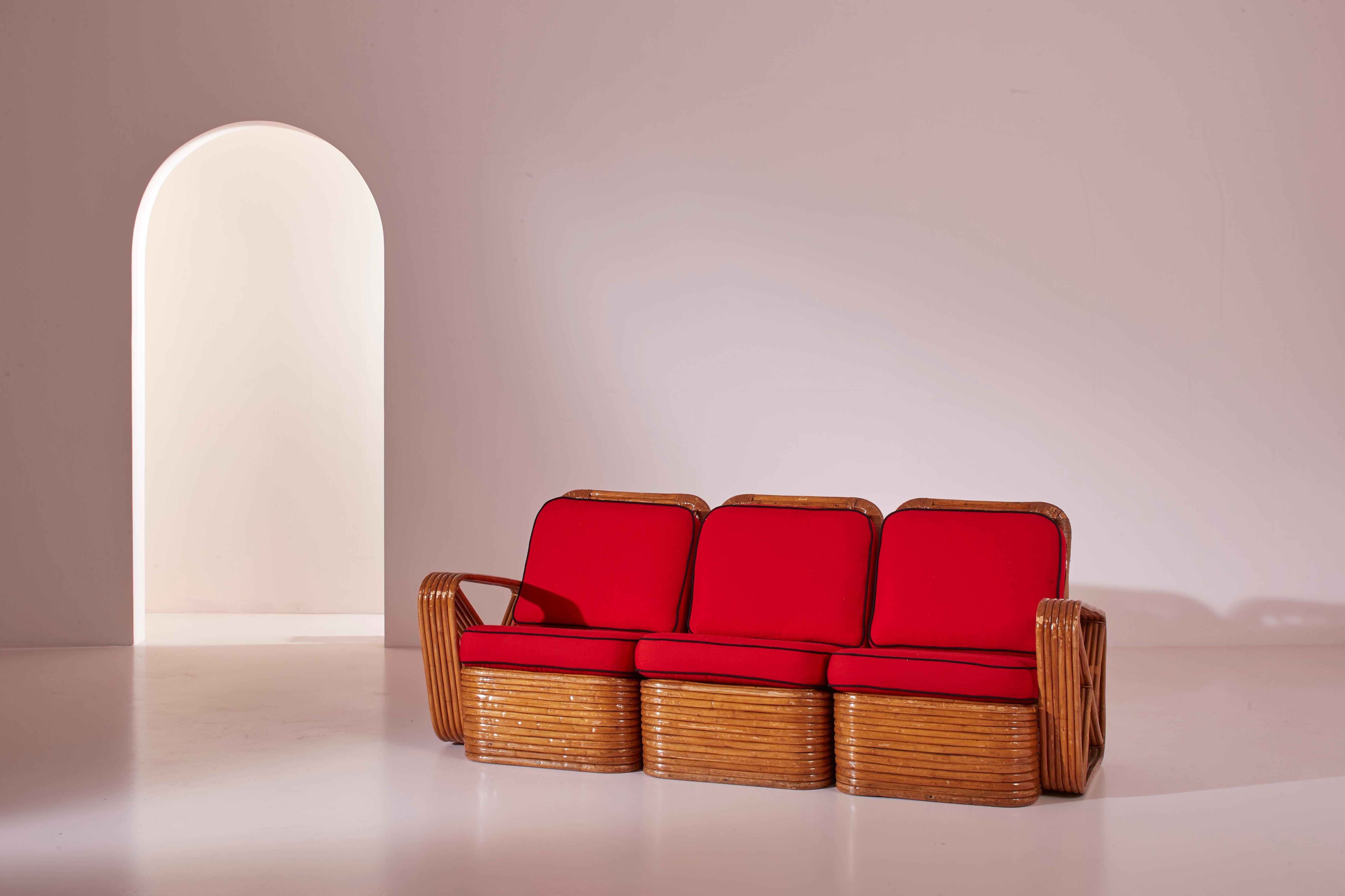 Ein viersitziges Rattan- und Stoffsofa mit vier Sitzen im Stil von Paul Theodore Frank im Angebot 5