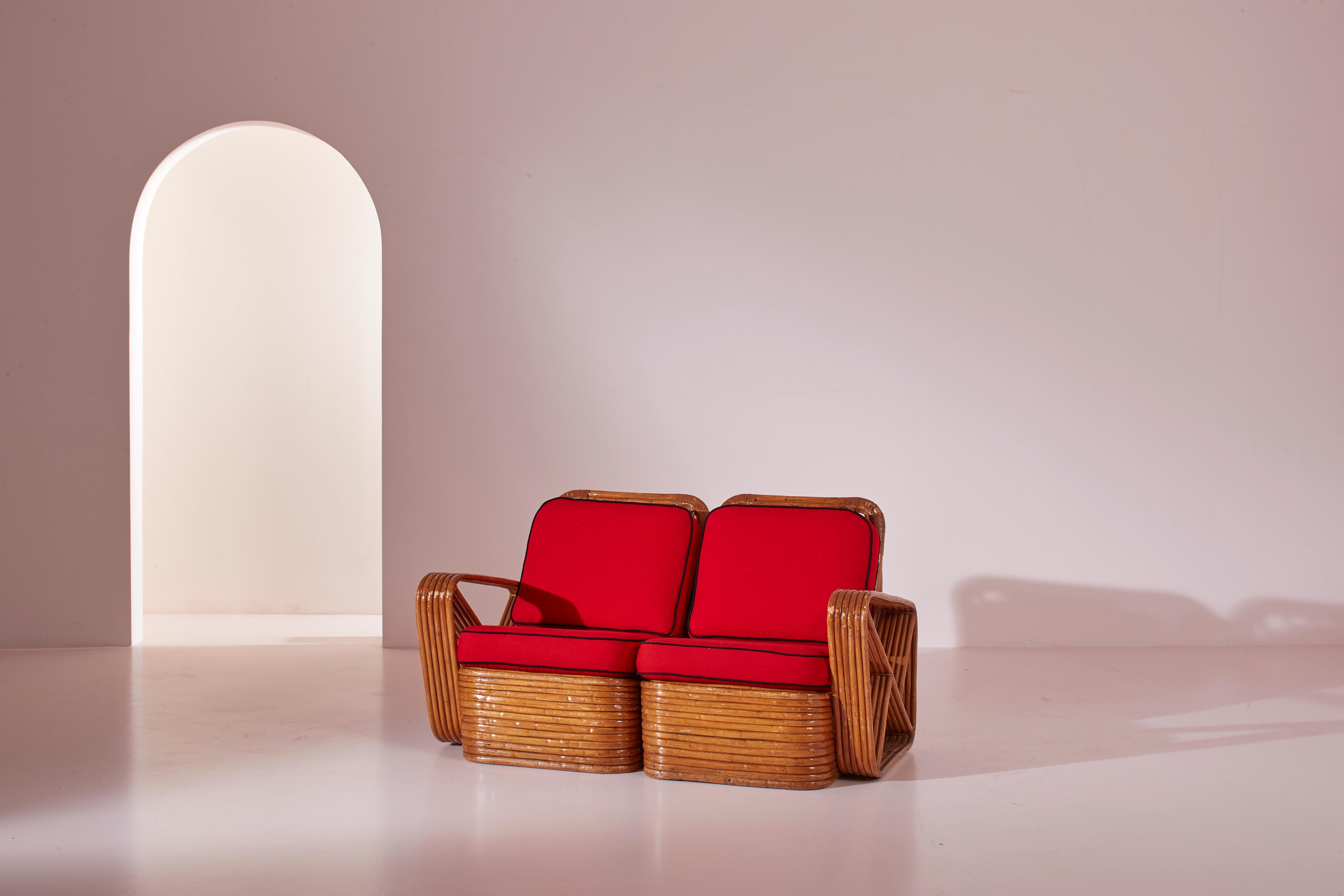 Un divano componibile a quattro posti in rattan e tessuto nello stile di Paul Theodore Fabrice. in vendita 6