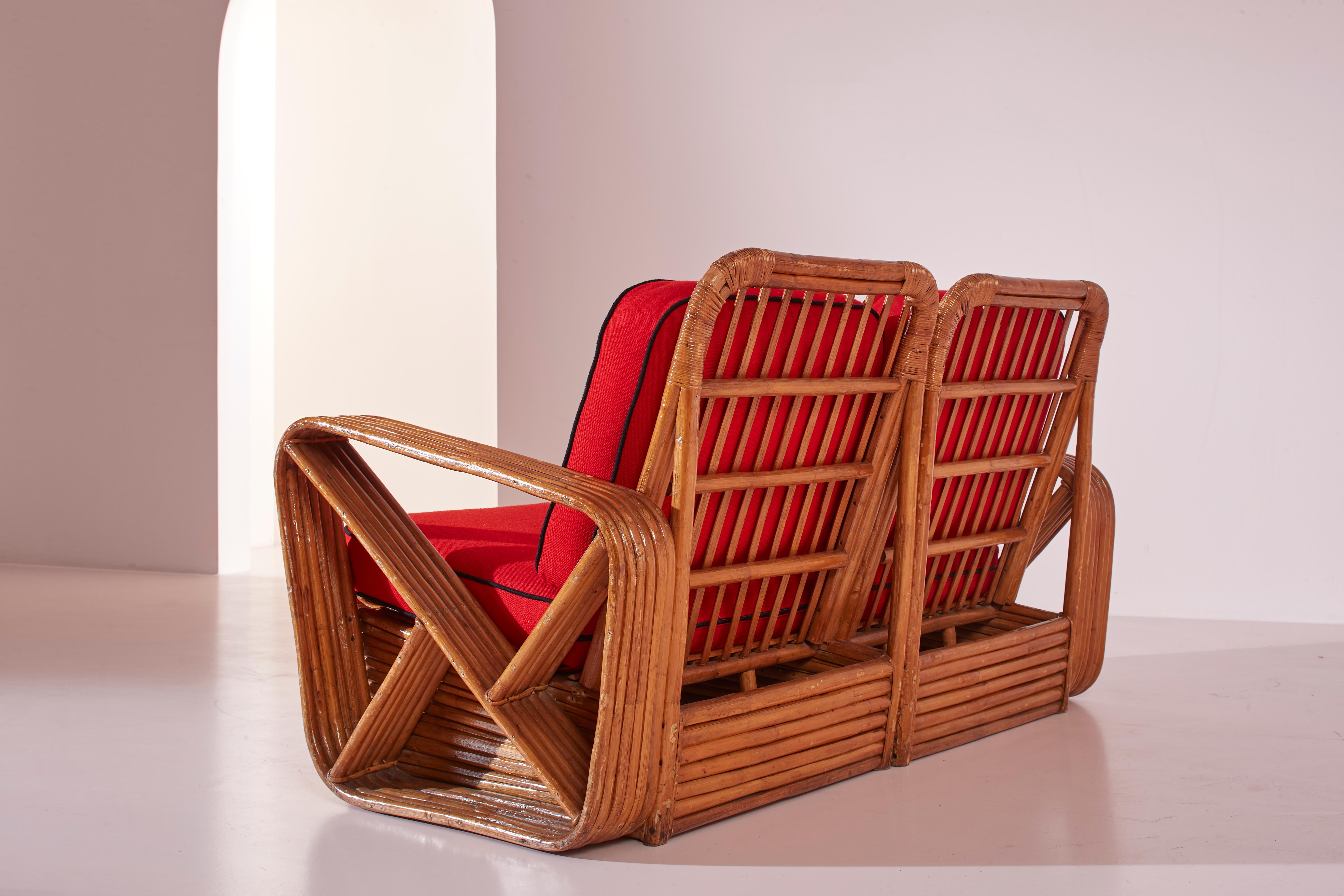 Ein viersitziges Rattan- und Stoffsofa mit vier Sitzen im Stil von Paul Theodore Frank im Angebot 3