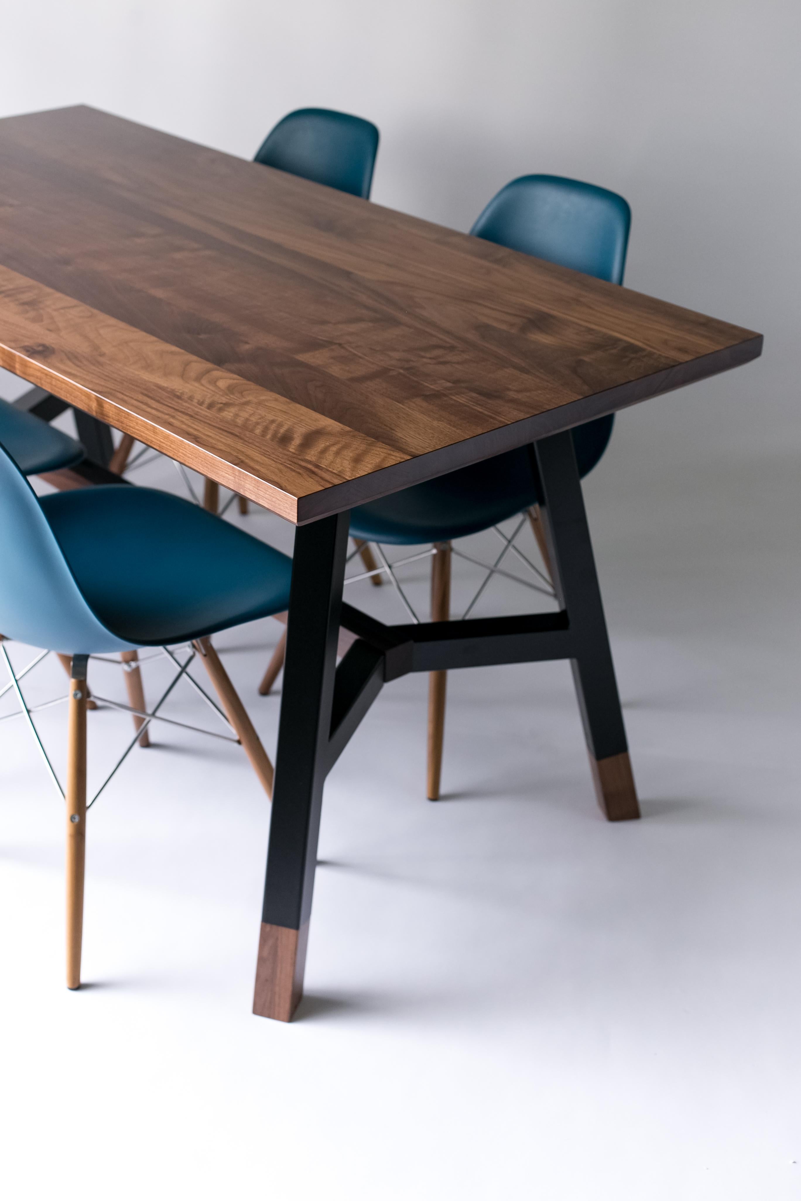 Powder-Coated A-Frame, Modern Walnut and Black Powder Coated Steel Dining Table