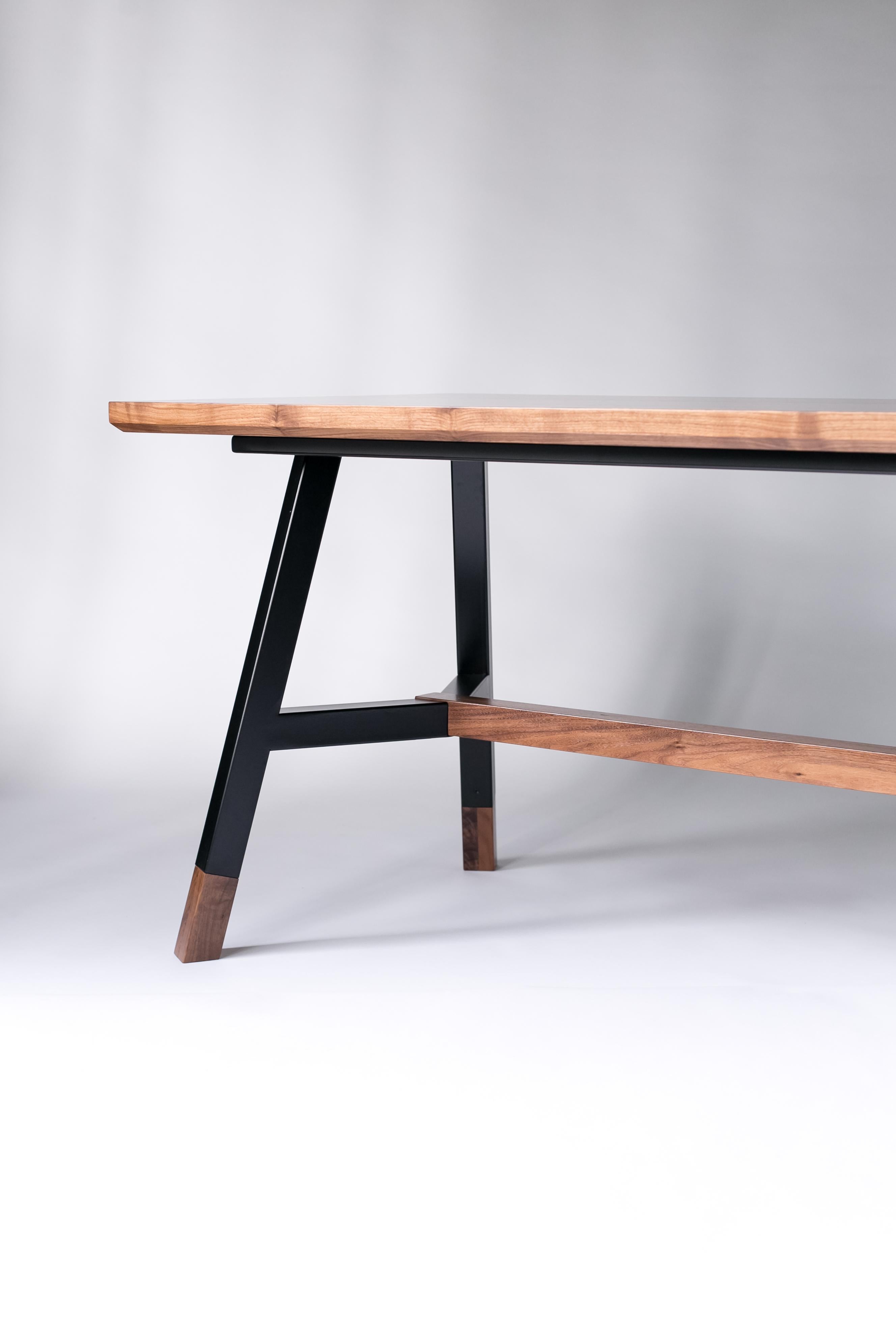 Metal A-Frame, Modern Walnut and Black Powder Coated Steel Dining Table