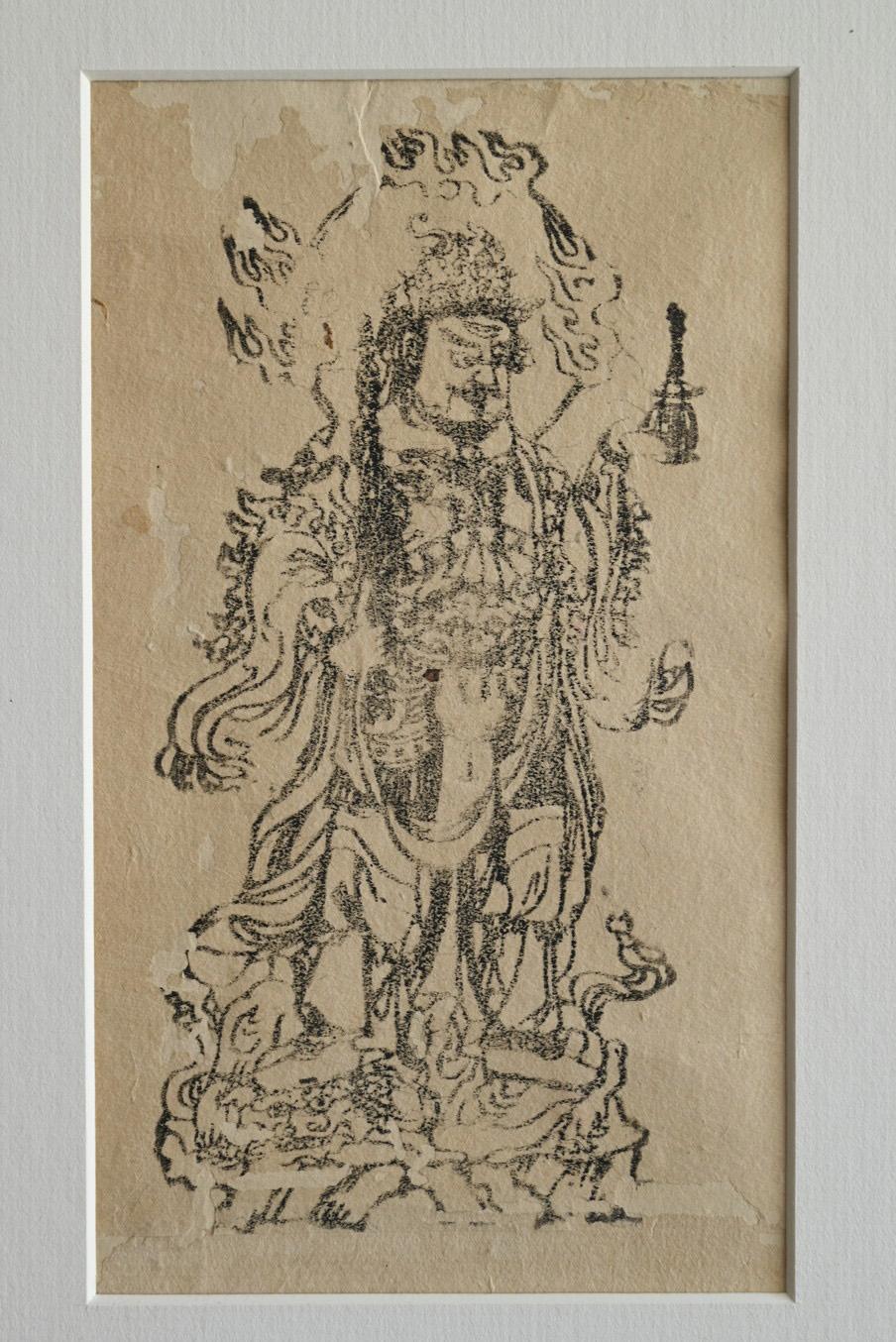 Edo Una cornice con un'antica stampa buddista giapponese su blocco di legno / amuleto / 1800-1912 in vendita
