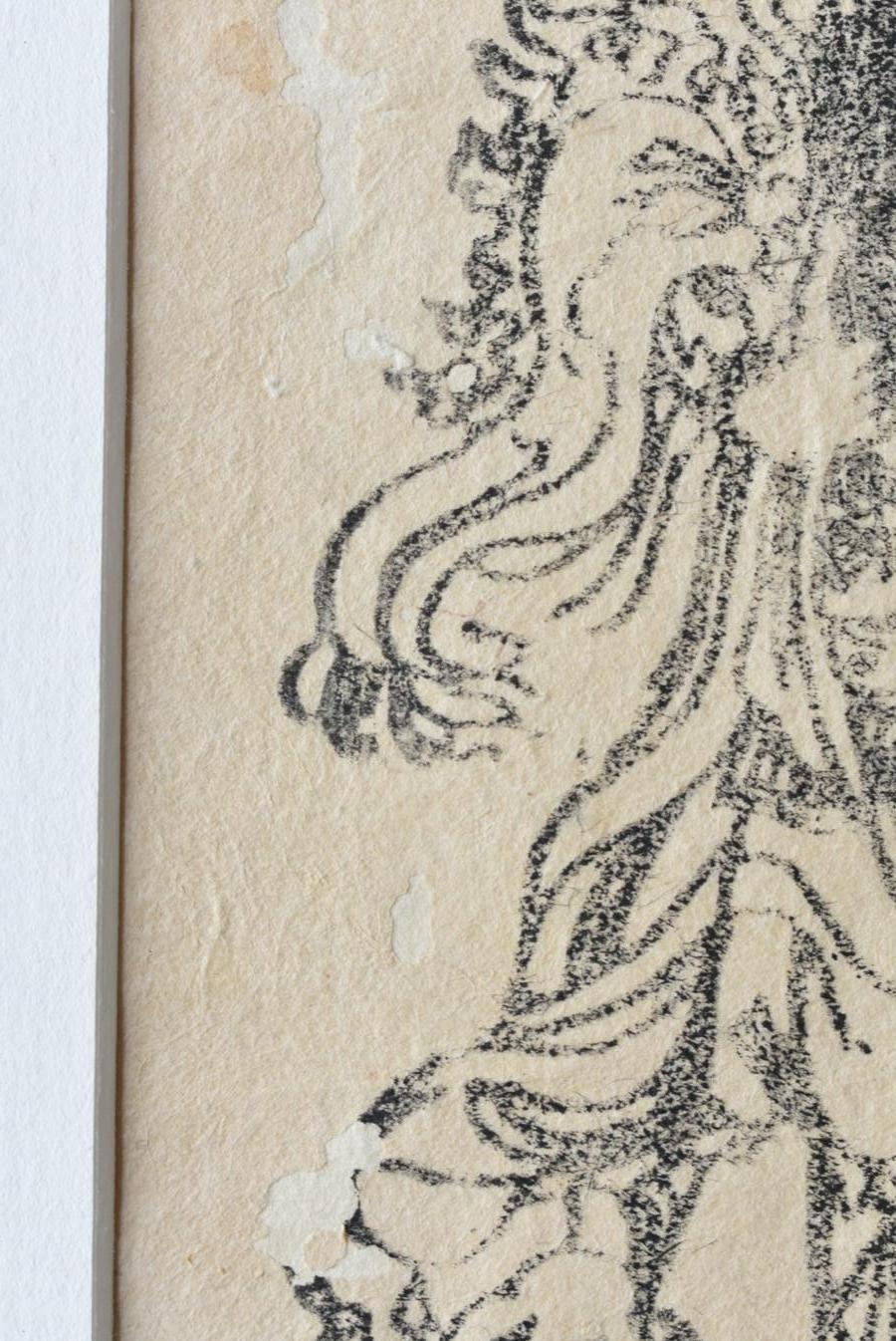 XIX secolo Una cornice con un'antica stampa buddista giapponese su blocco di legno / amuleto / 1800-1912 in vendita