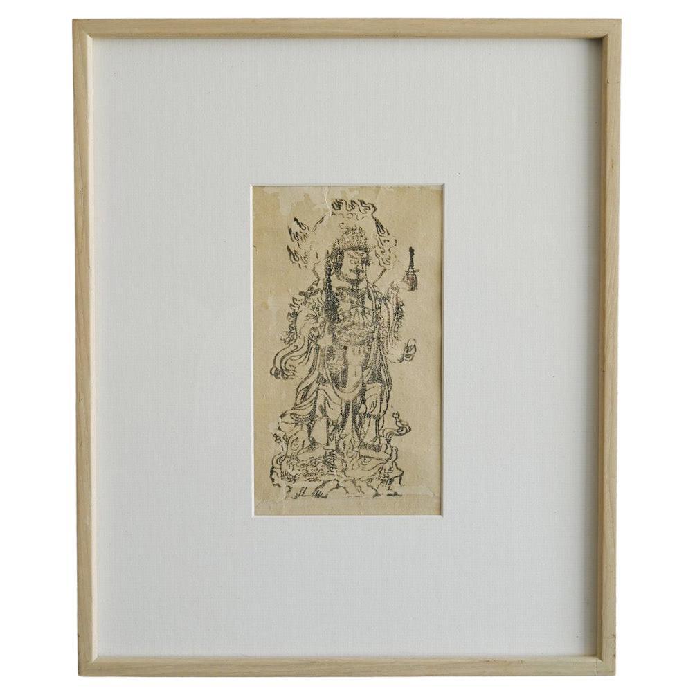 Una cornice con un'antica stampa buddista giapponese su blocco di legno / amuleto / 1800-1912 in vendita