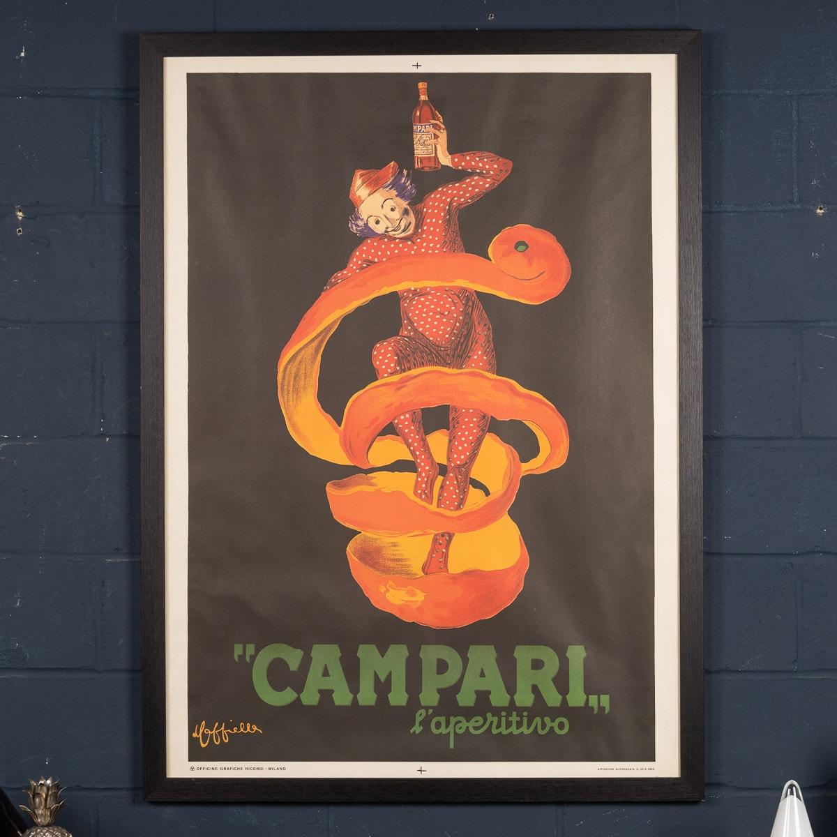 A large 1970s reprint of a rare Leonetto Cappiello poster featuring one of the artist’s most famous characters. “Lo Spiritello” (or The Sprite) was created to advertise the French liquor Bitter Campari in 1921. The poster features a clown-like