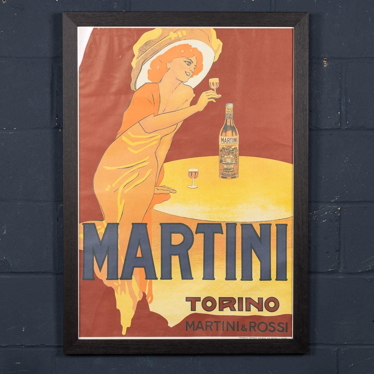 The poster features a well dressed, elegant woman in a long dress and large hat. She is holding a glass of Martini toasting her companion who is not part of the poster. The Martini bottle, whose label is meticulously reproduced, is standing on the