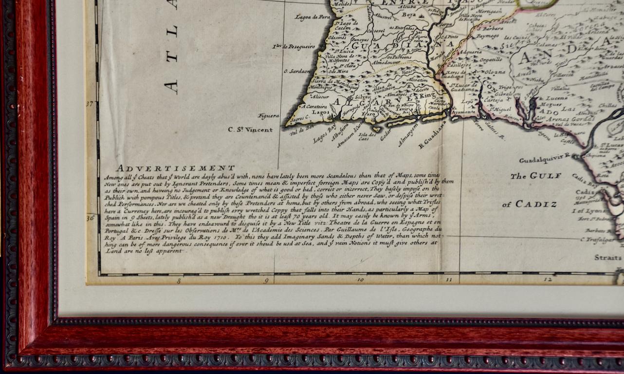 Framed Hand-Colored Early 18th Century Herman Moll Map of Spain and Portugal 5