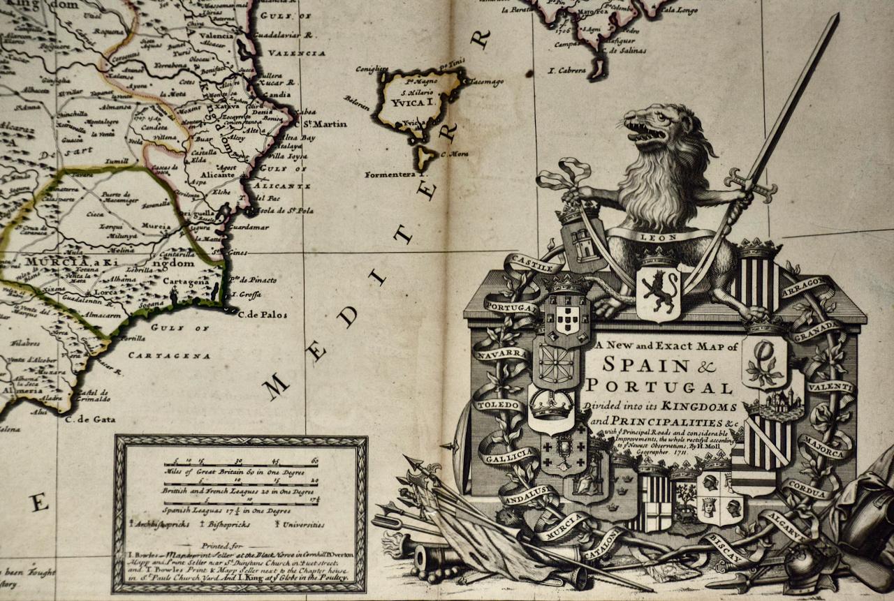 An 18th century copper plate engraved map of Spain and Portugal with attractive original outline hand-coloring entitled 