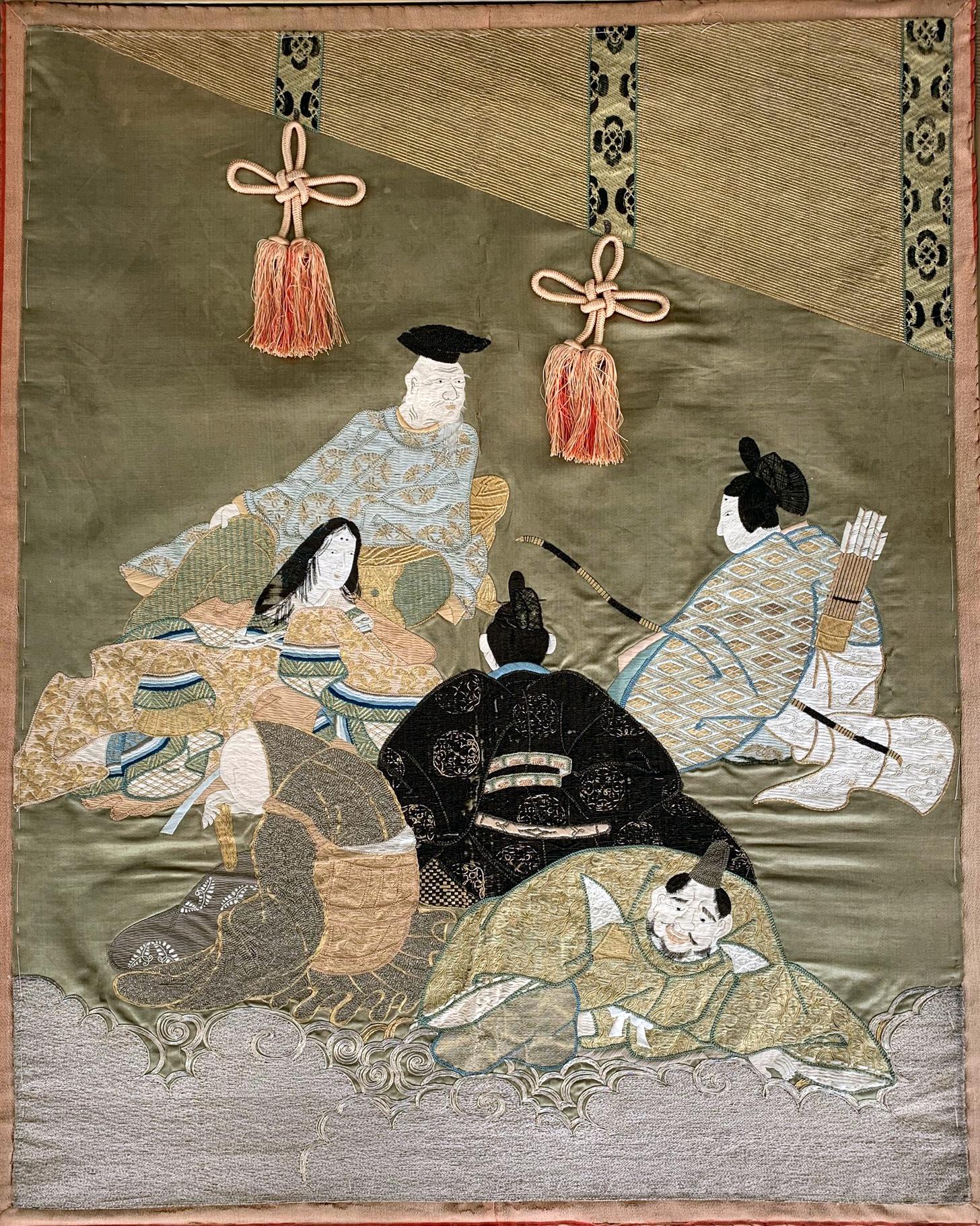 A piece of exquisite textile art from Japan, circa 1890s-1910s of the Meiji Era. The textile panel depicts Rokkasen ( 