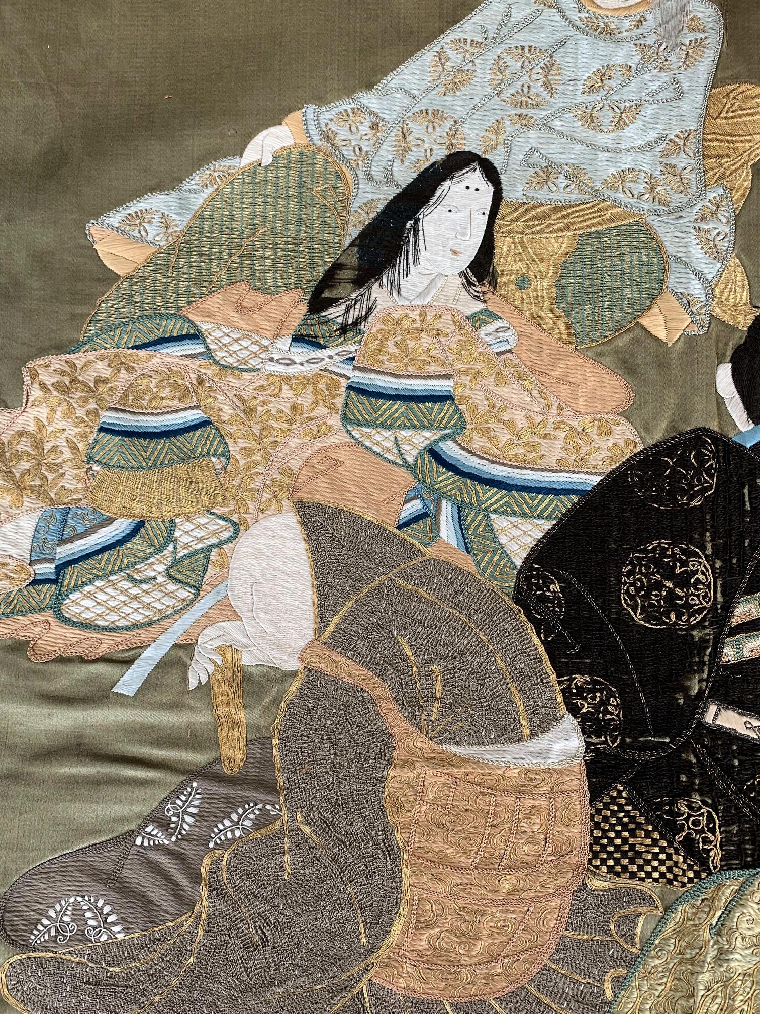 Embroidered Framed Japanese Embroidery Textile Art from Meiji Period