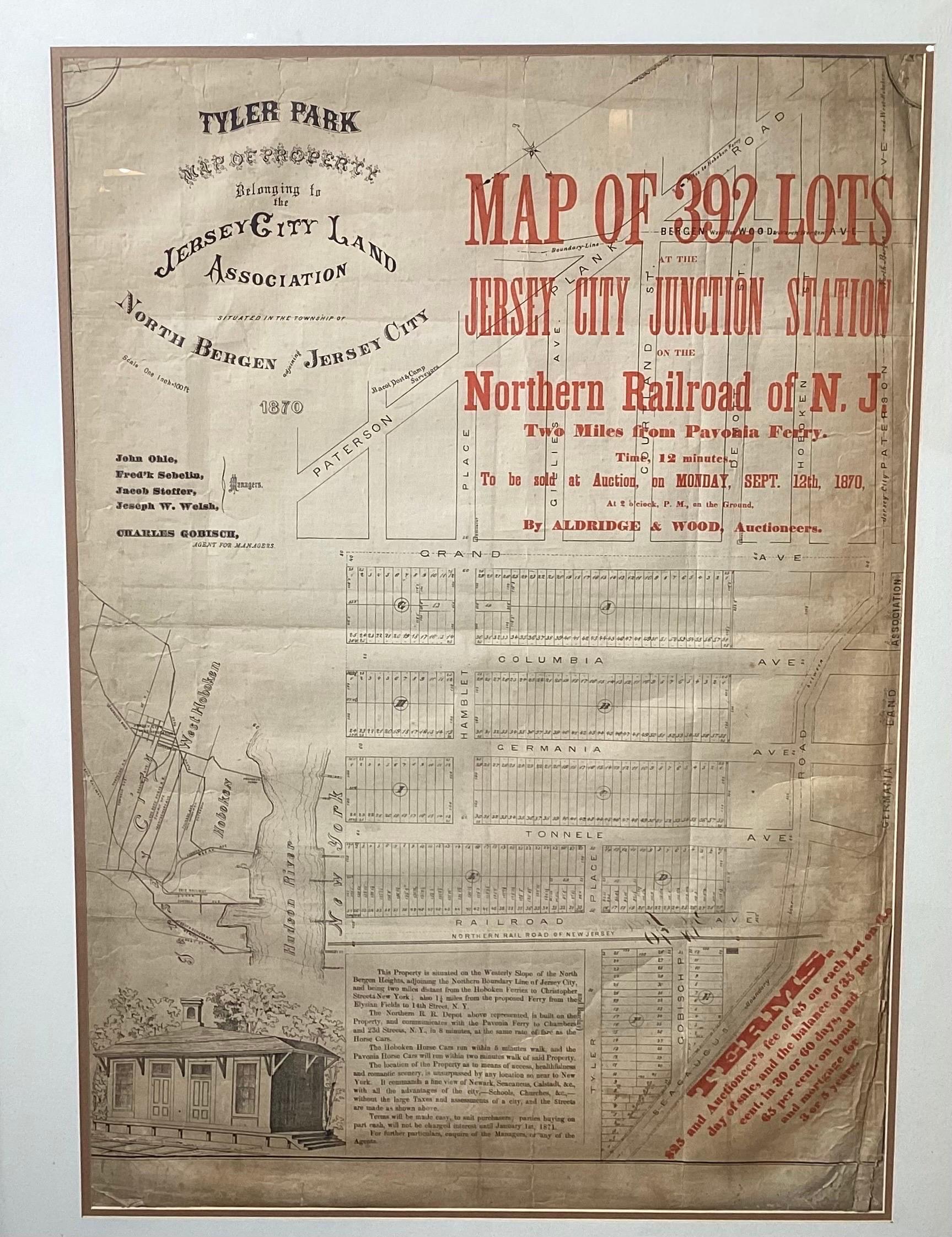 A framed and matted historical map of Tyler park jersey city New Jersey Railroad. The paper on canvas in later appropriate frame. Good condition with some creasing and age discoloration, small tear about .25 inch top right. The shows the northern