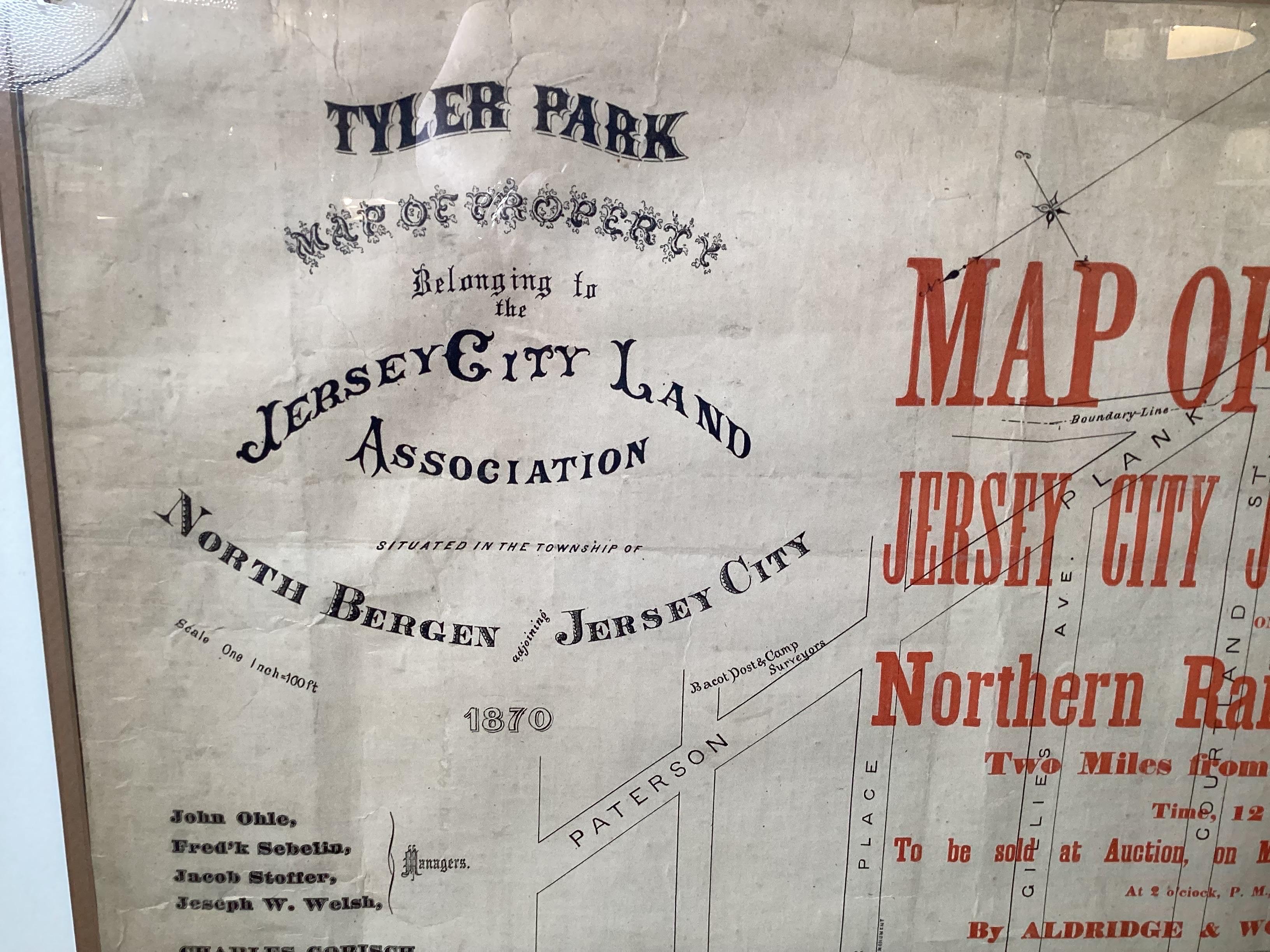 Framed Original Land Map Survey of Tyler Park, Jersey City Railroad In Good Condition For Sale In Lambertville, NJ