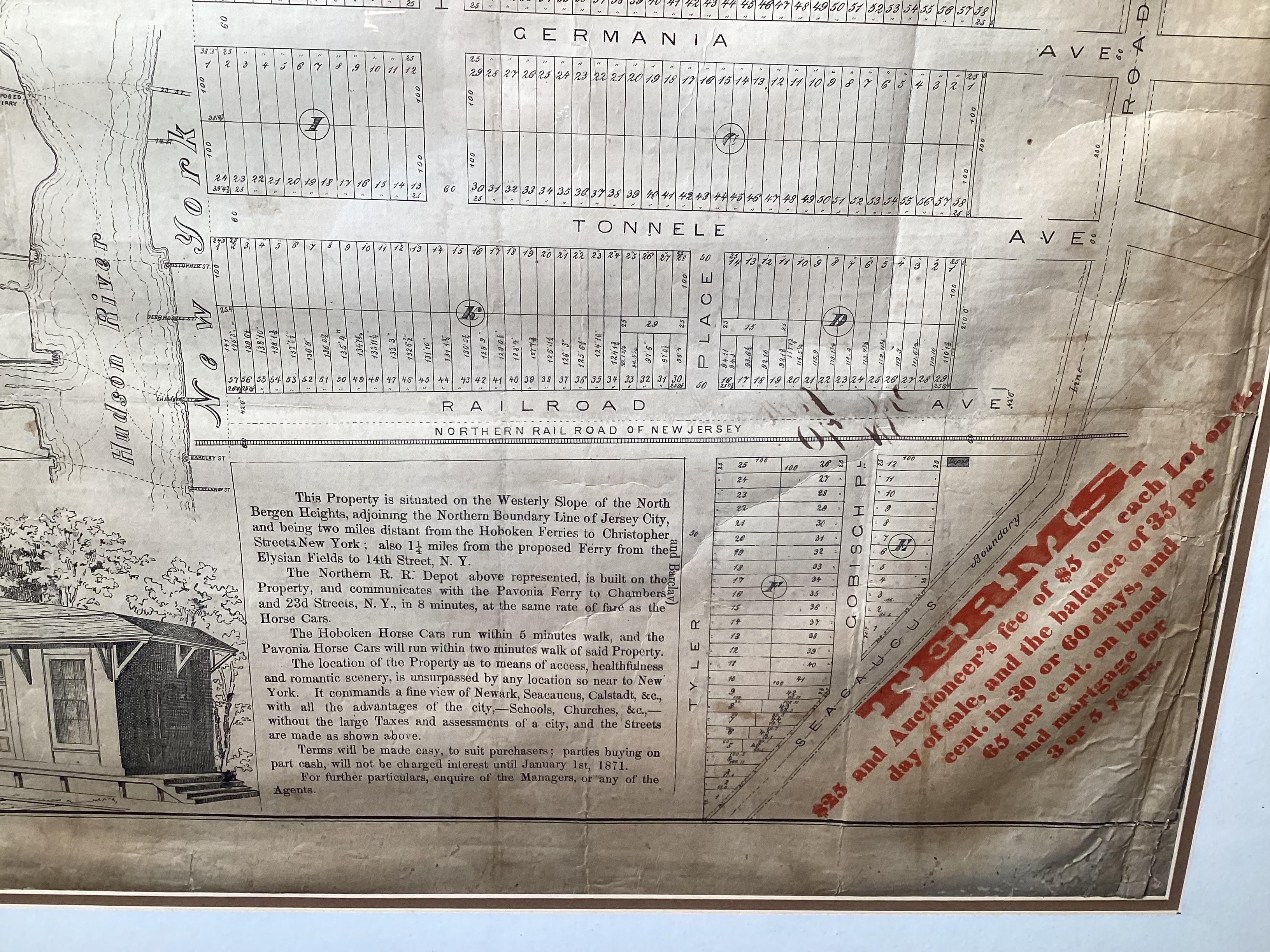 Canvas Framed Original Land Map Survey of Tyler Park, Jersey City Railroad For Sale