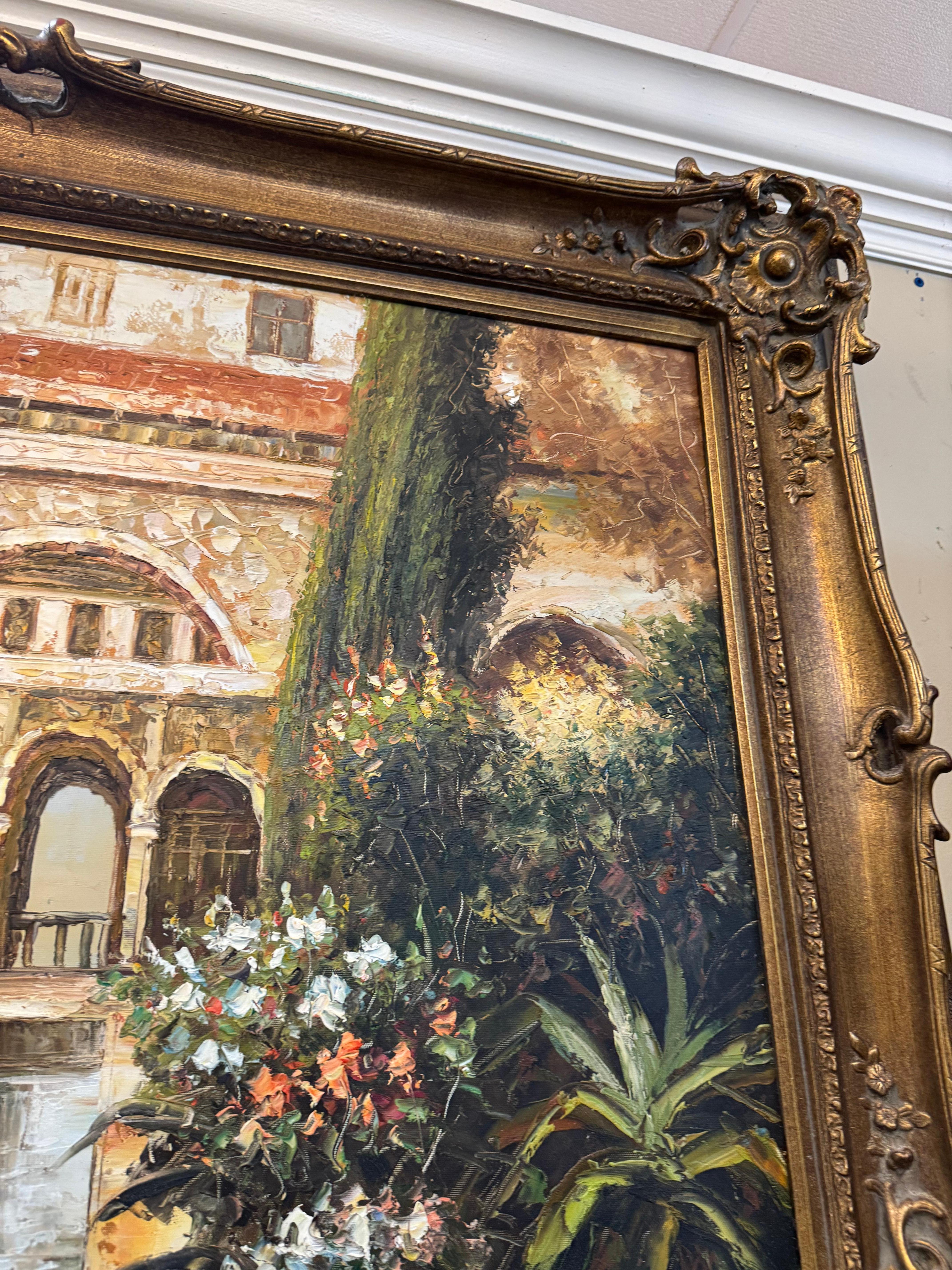 Une peinture encadrée représentant une scène de cour ou de jardin en vente 4