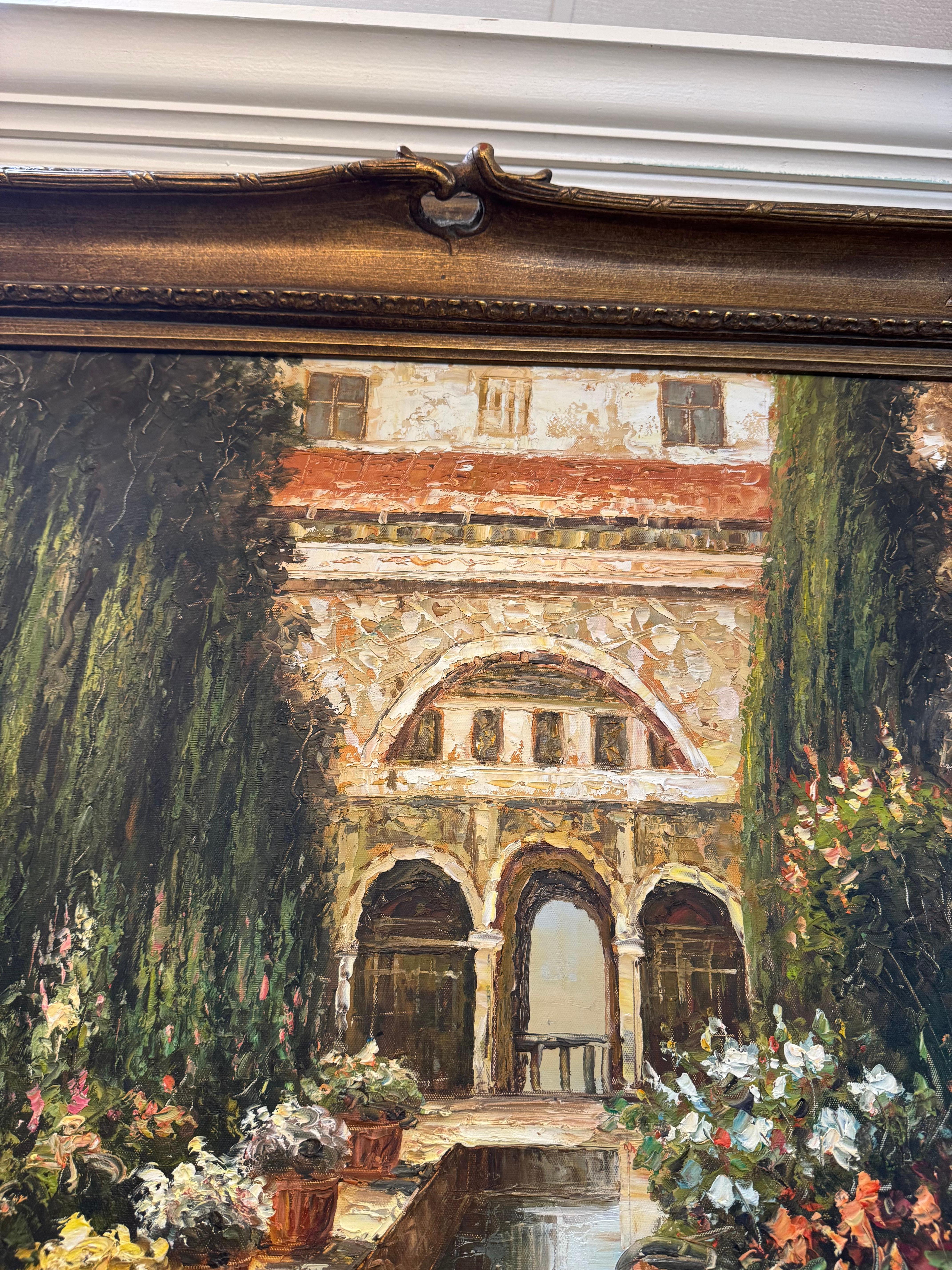 Une peinture encadrée représentant une scène de cour ou de jardin en vente 5