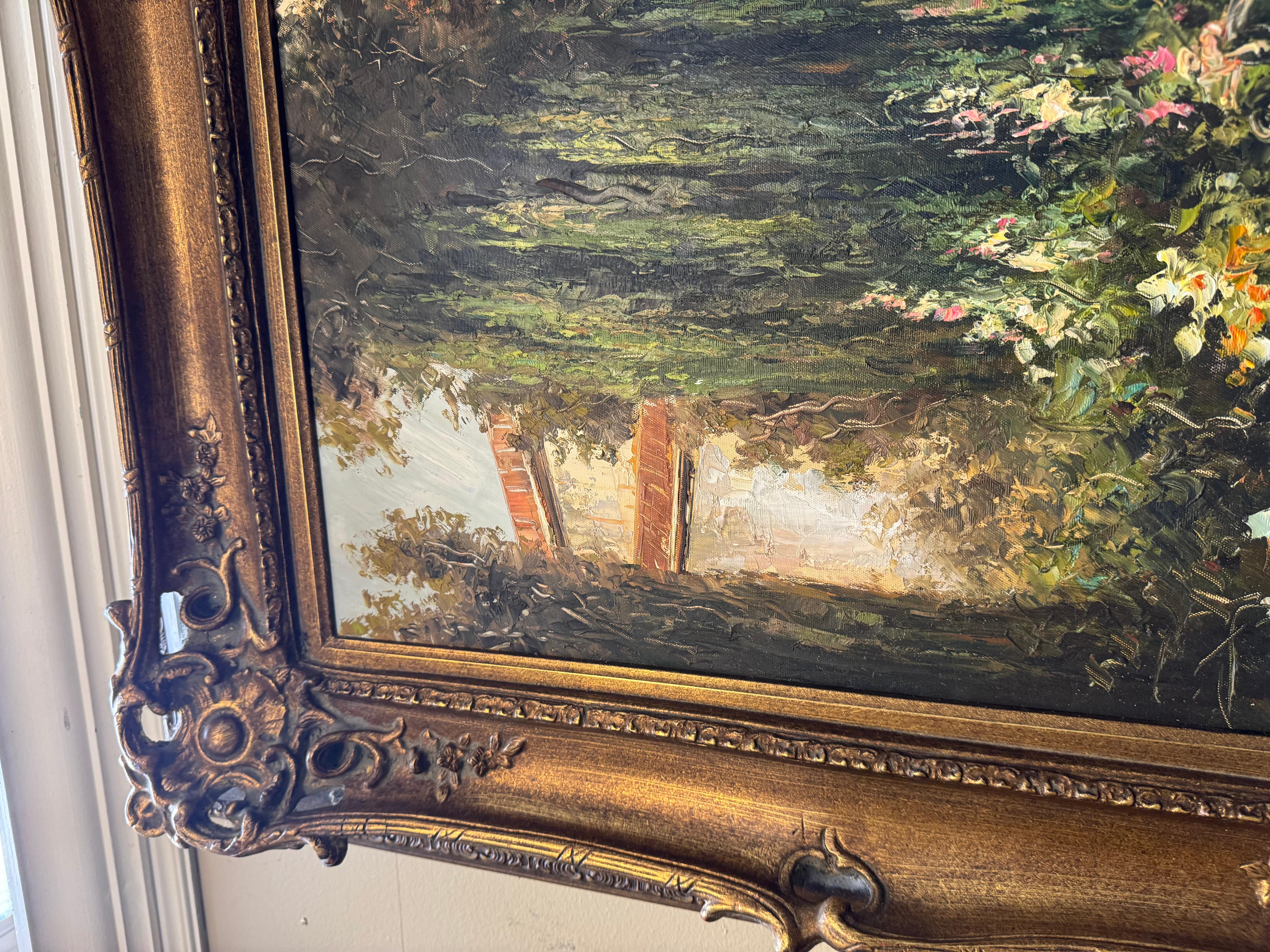 Une peinture encadrée représentant une scène de cour ou de jardin en vente 6
