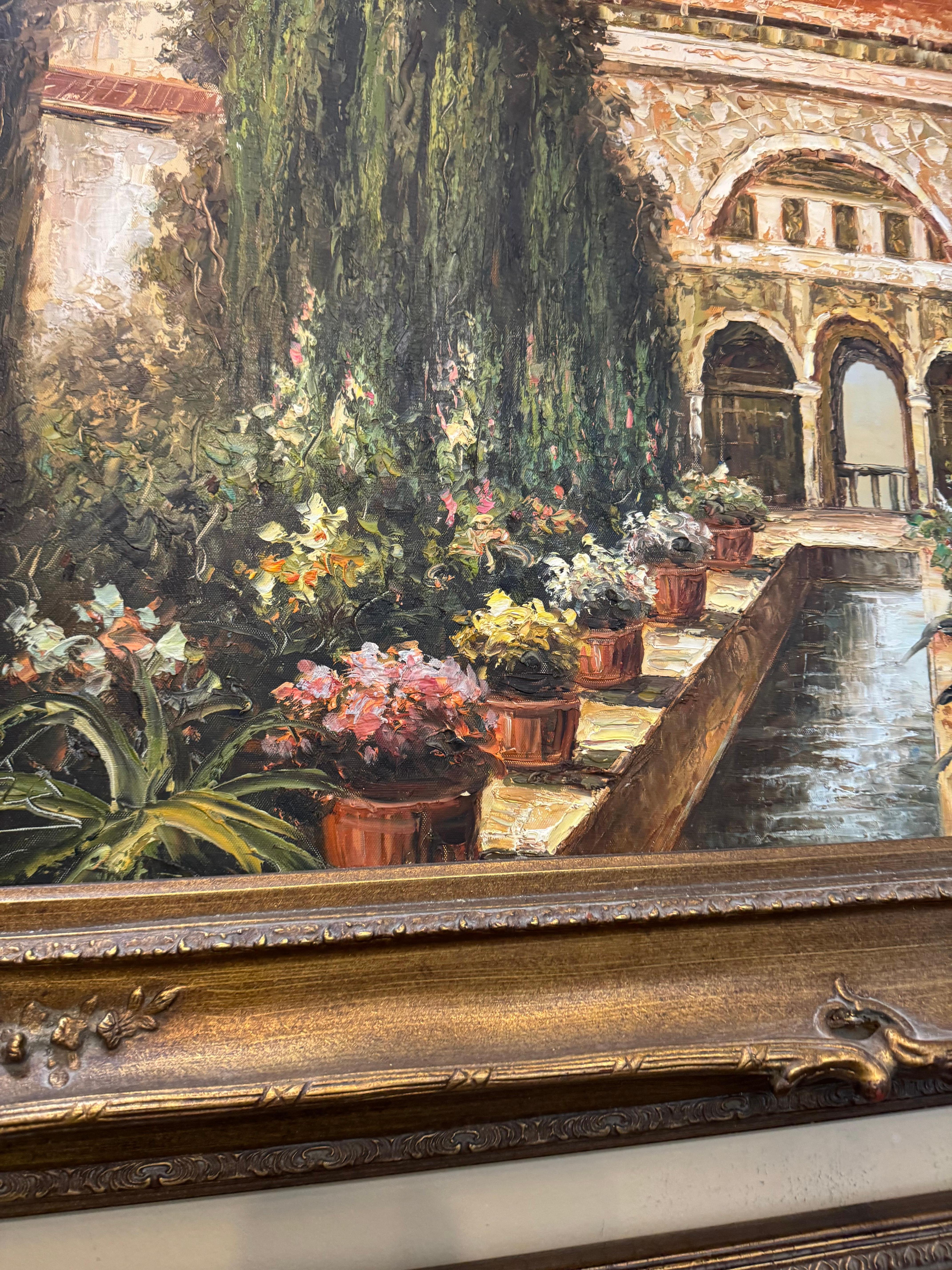 Une peinture encadrée représentant une scène de cour ou de jardin en vente 7