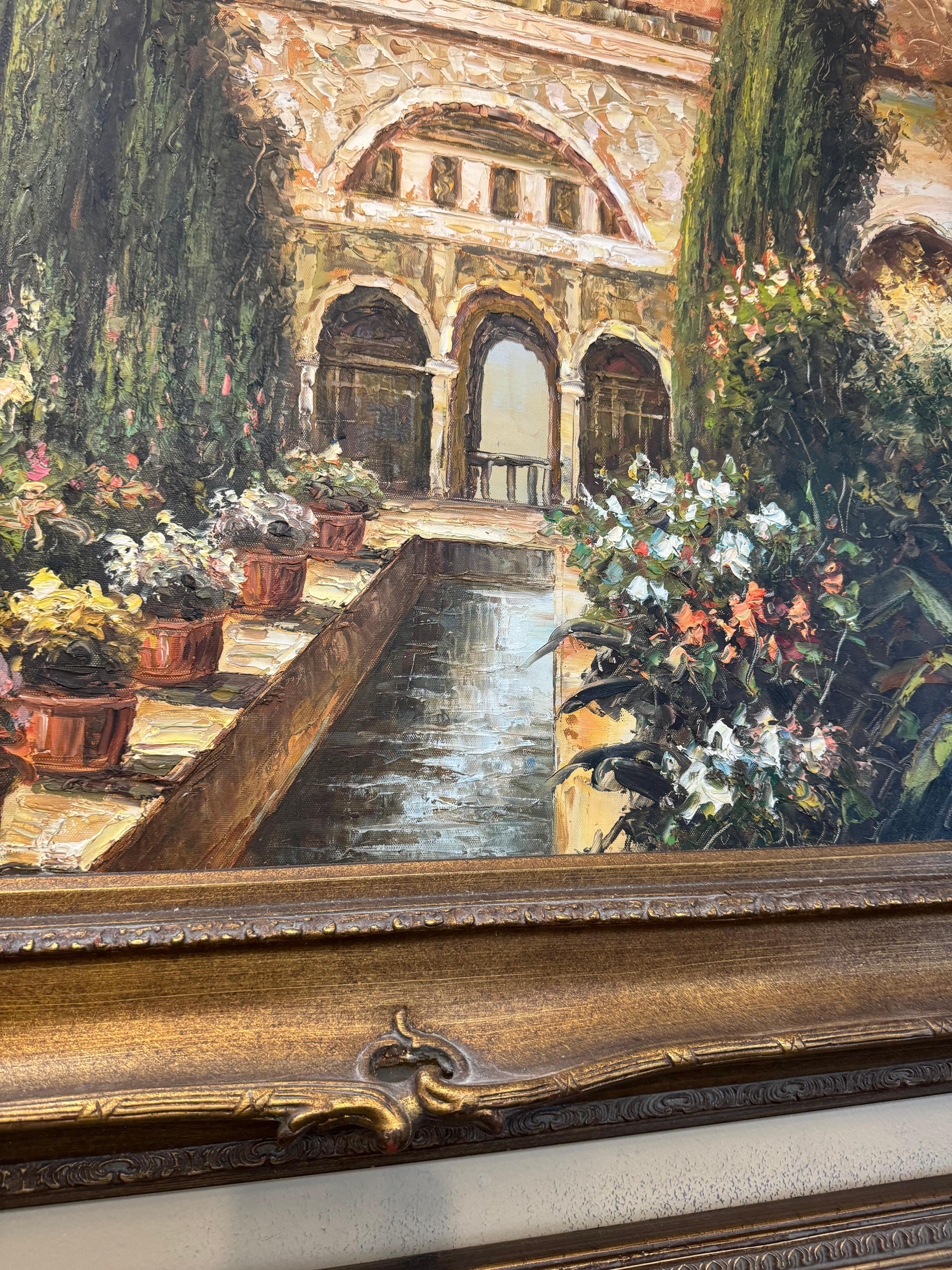 Une peinture encadrée représentant une scène de cour ou de jardin en vente 8
