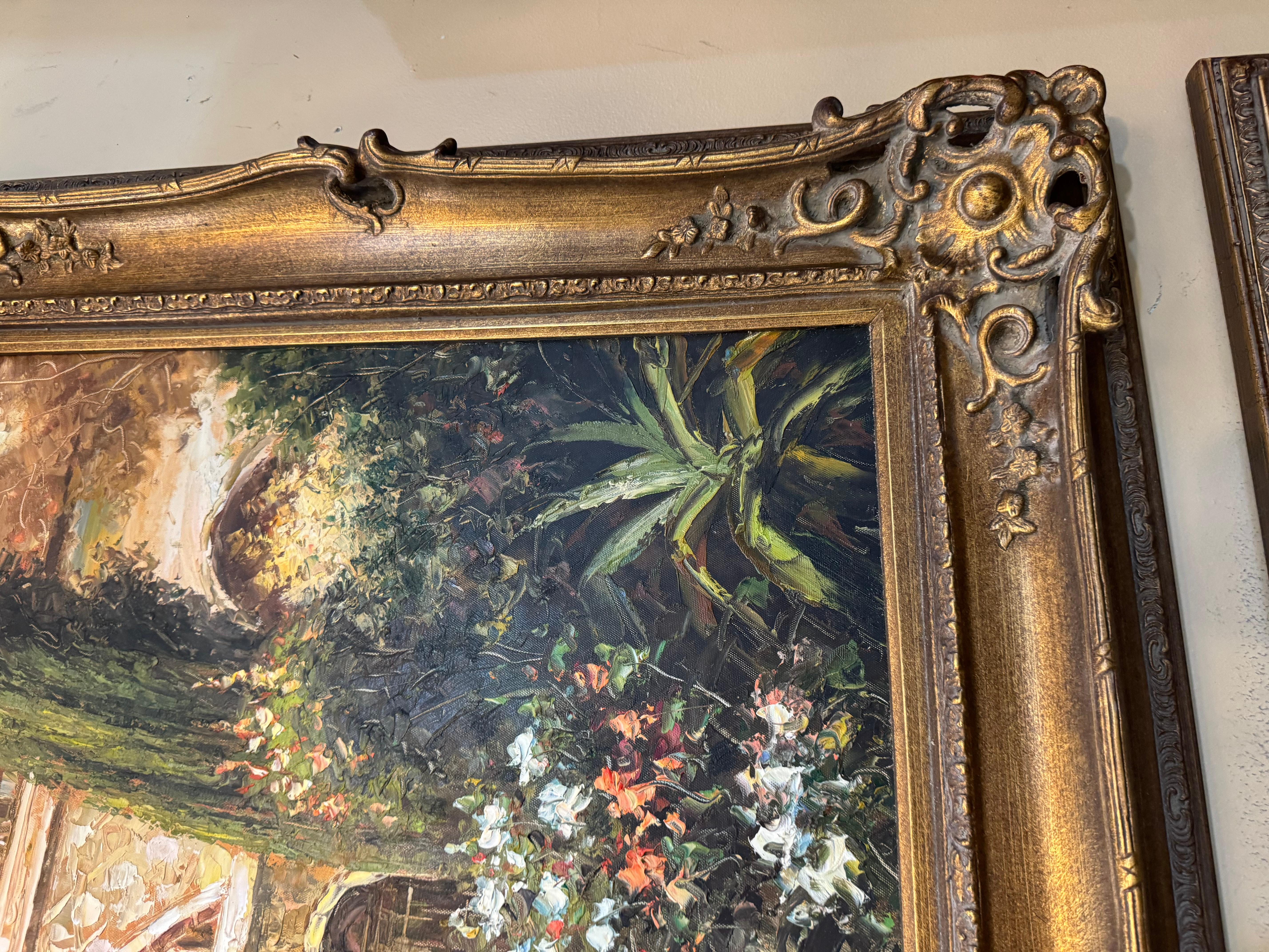 Une peinture encadrée représentant une scène de cour ou de jardin en vente 9