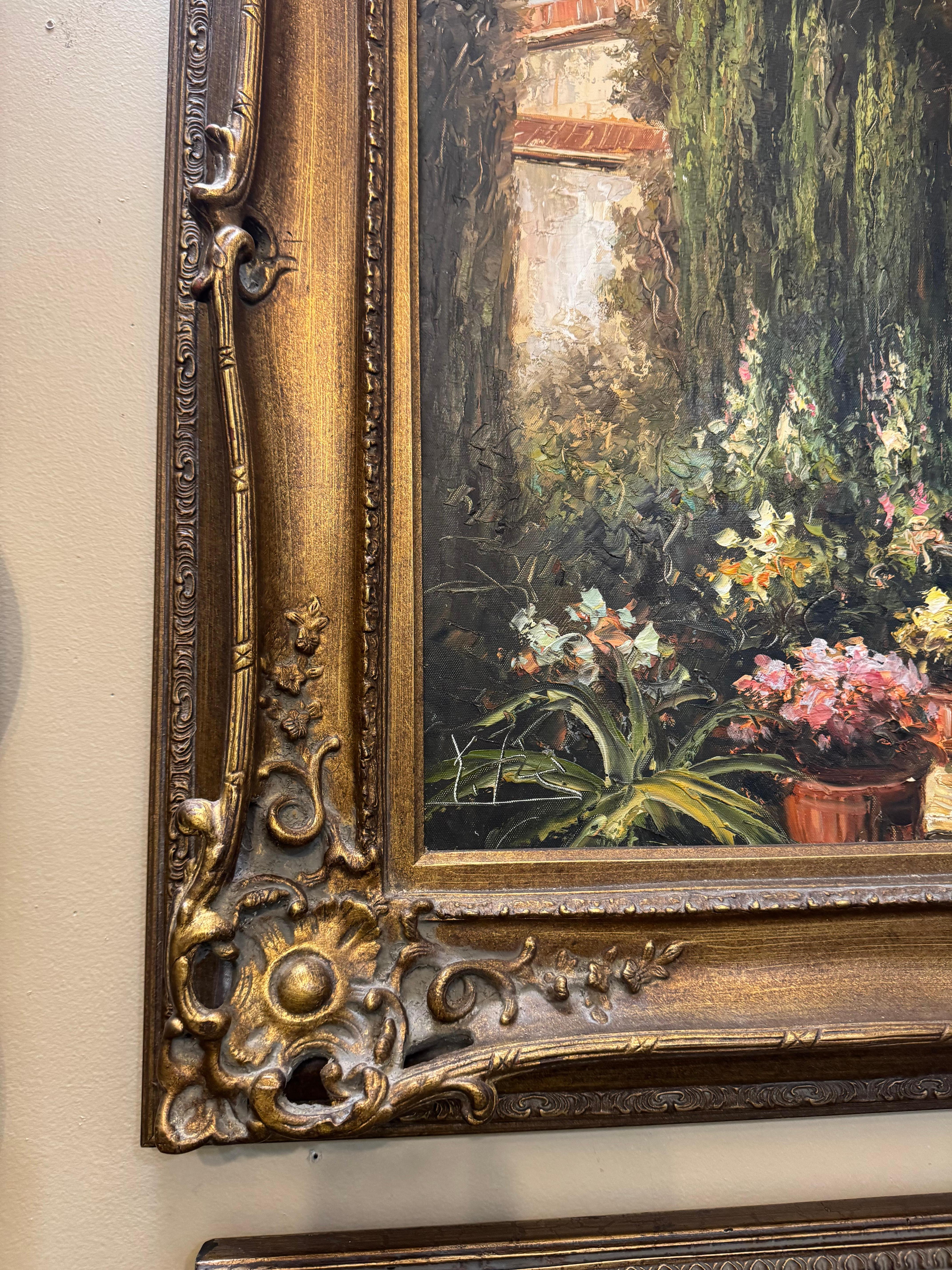 Une peinture encadrée représentant une scène de cour ou de jardin en vente 10