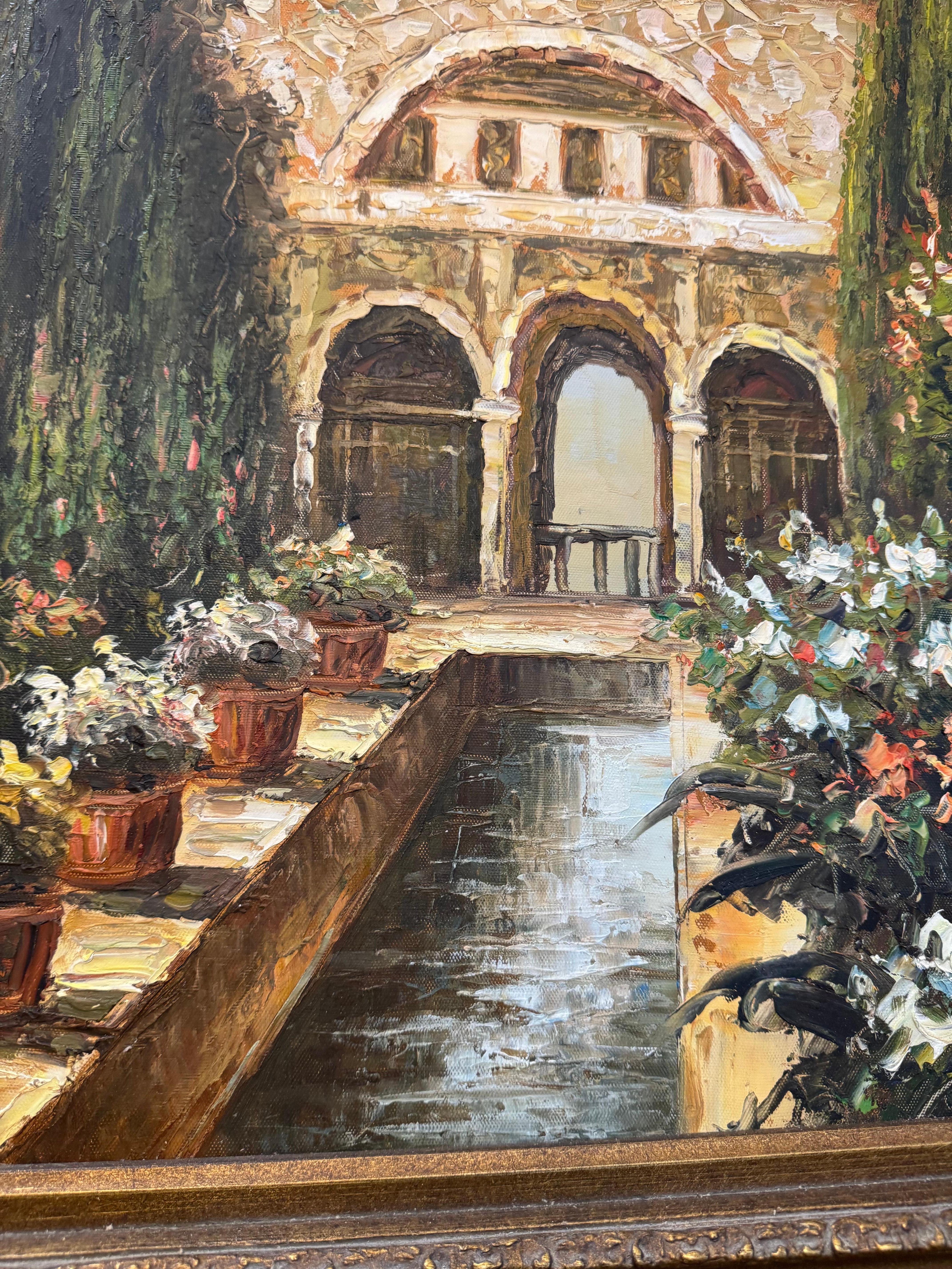 Classique américain Une peinture encadrée représentant une scène de cour ou de jardin en vente