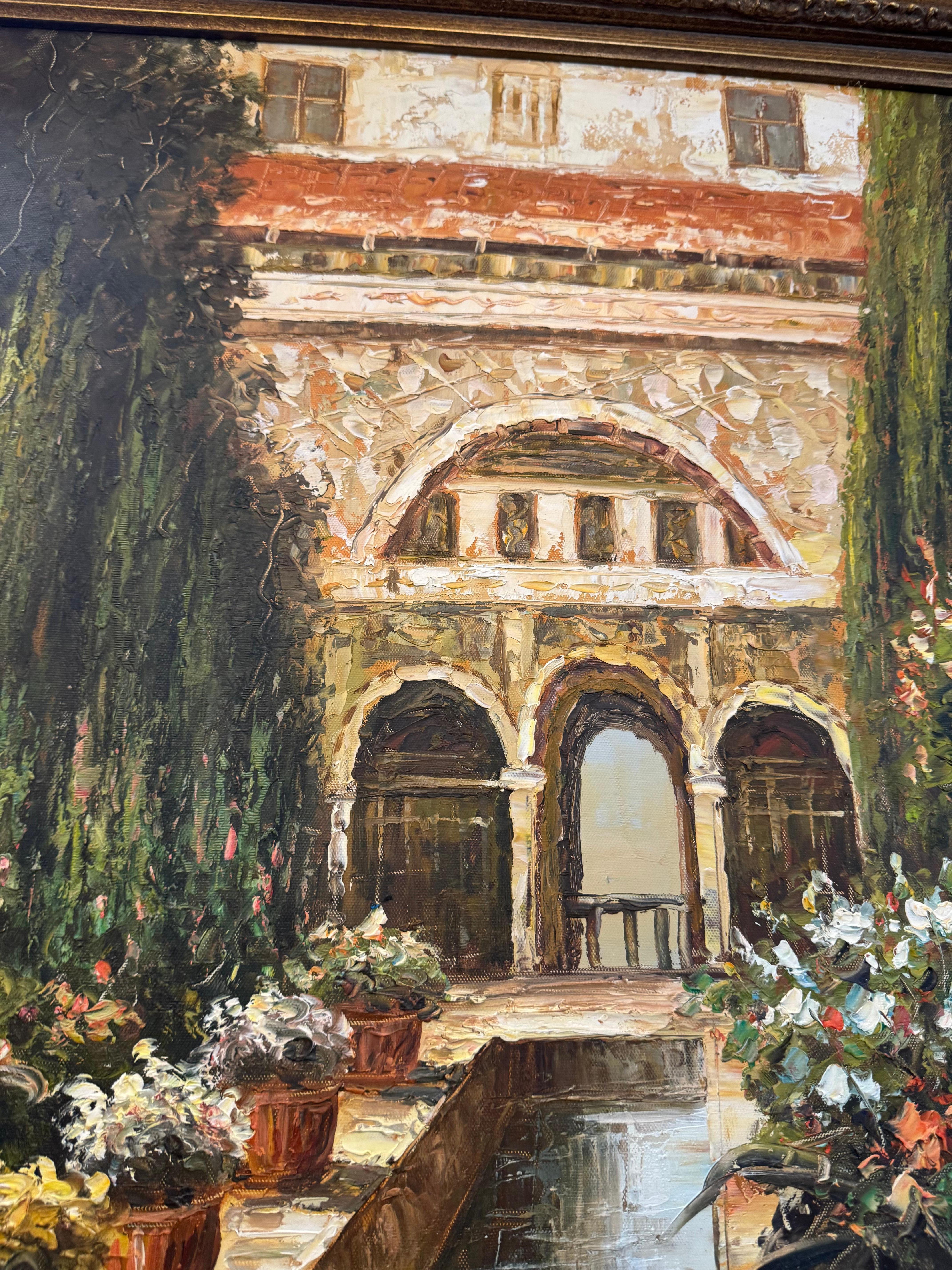 20ième siècle Une peinture encadrée représentant une scène de cour ou de jardin en vente