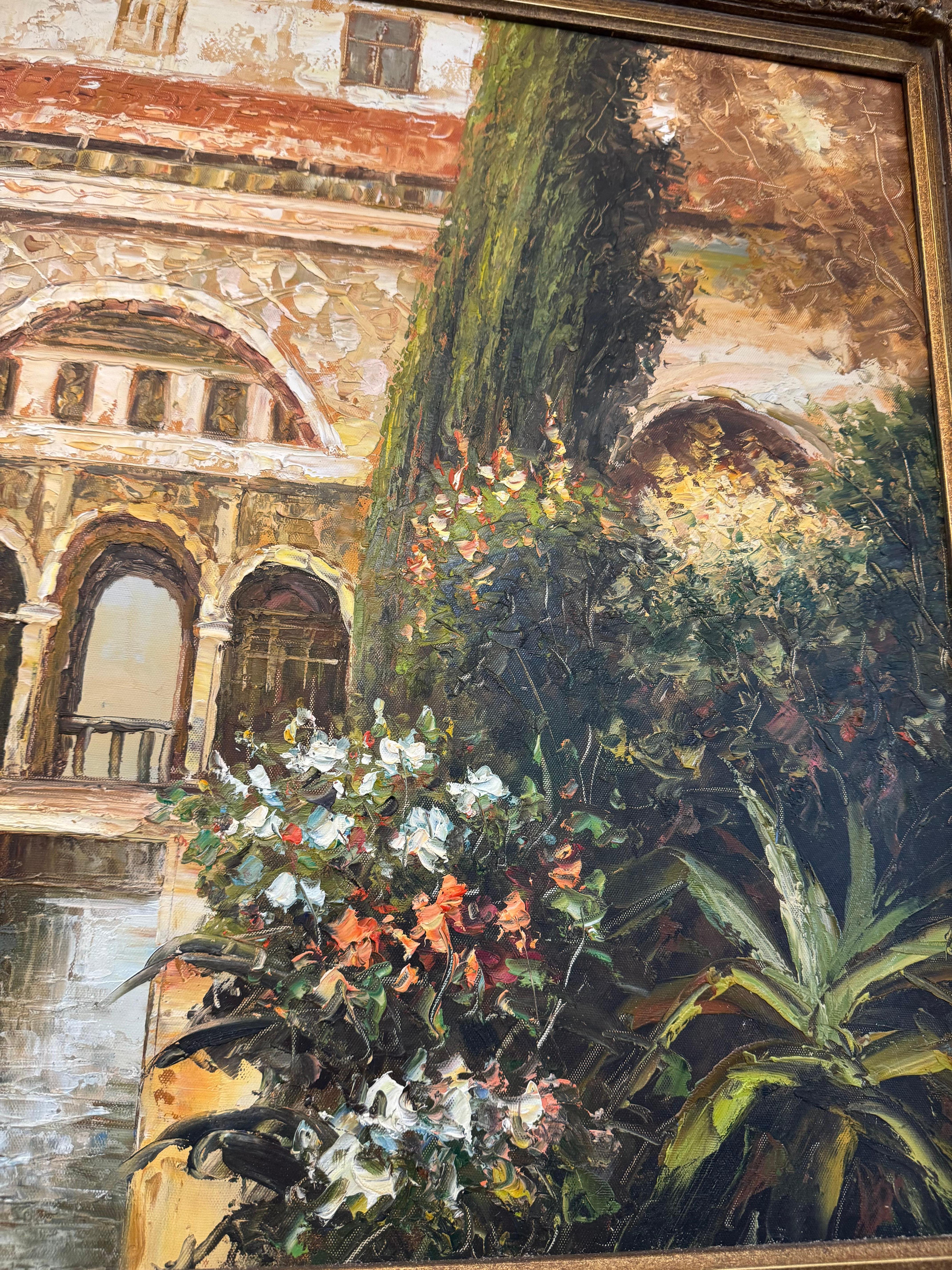 Une peinture encadrée représentant une scène de cour ou de jardin en vente 1