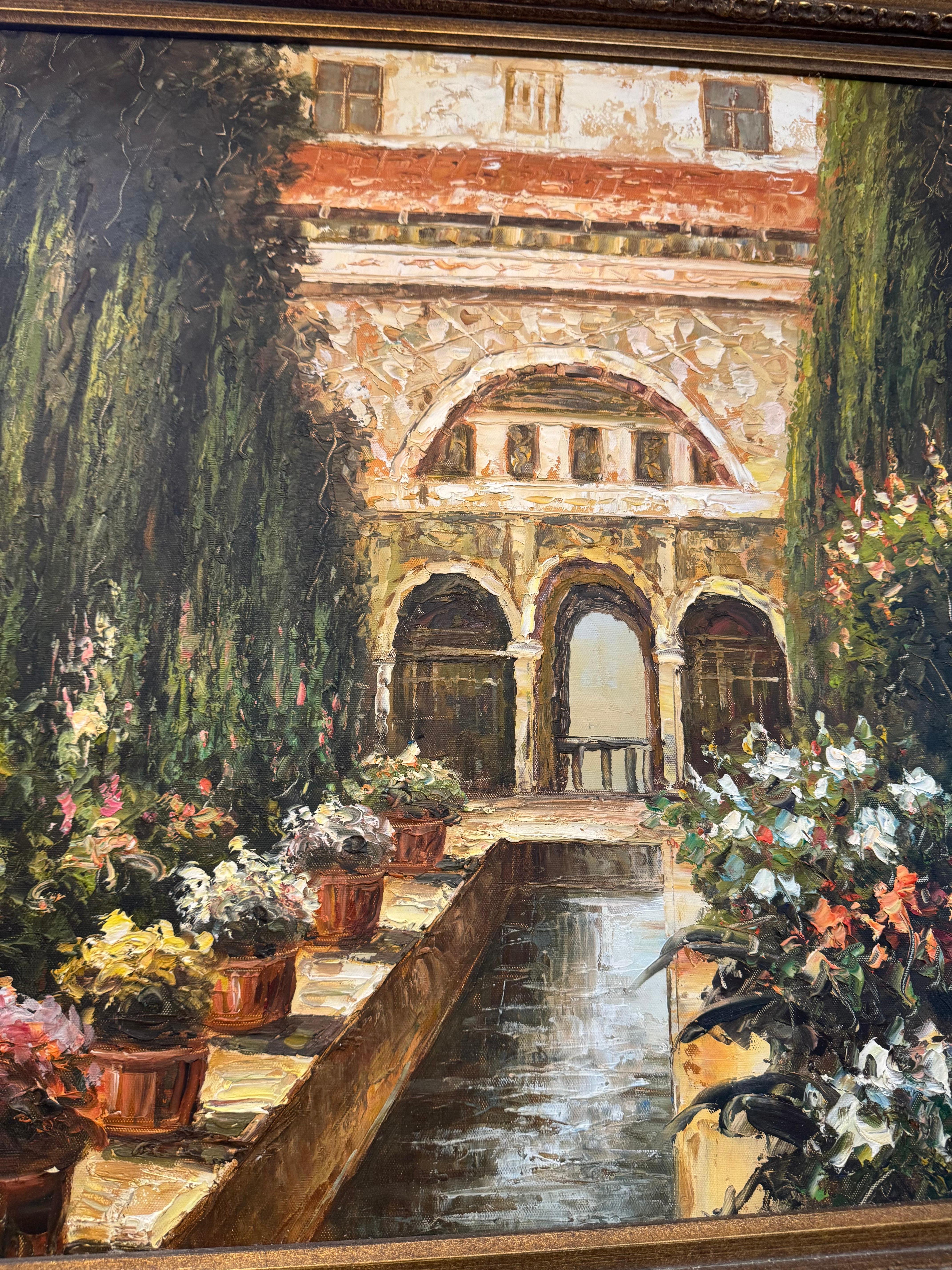Une peinture encadrée représentant une scène de cour ou de jardin en vente 2