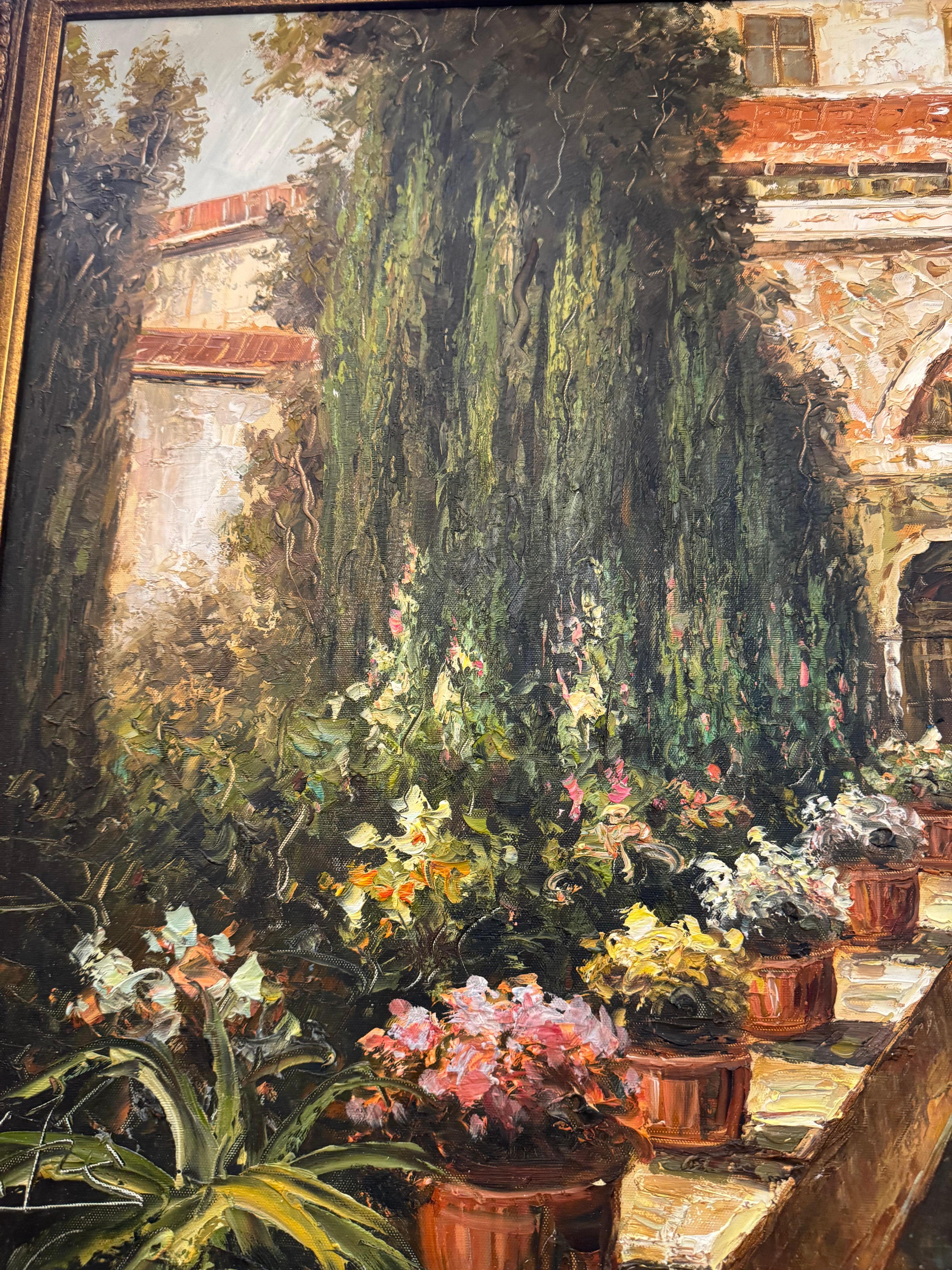Une peinture encadrée représentant une scène de cour ou de jardin en vente 3