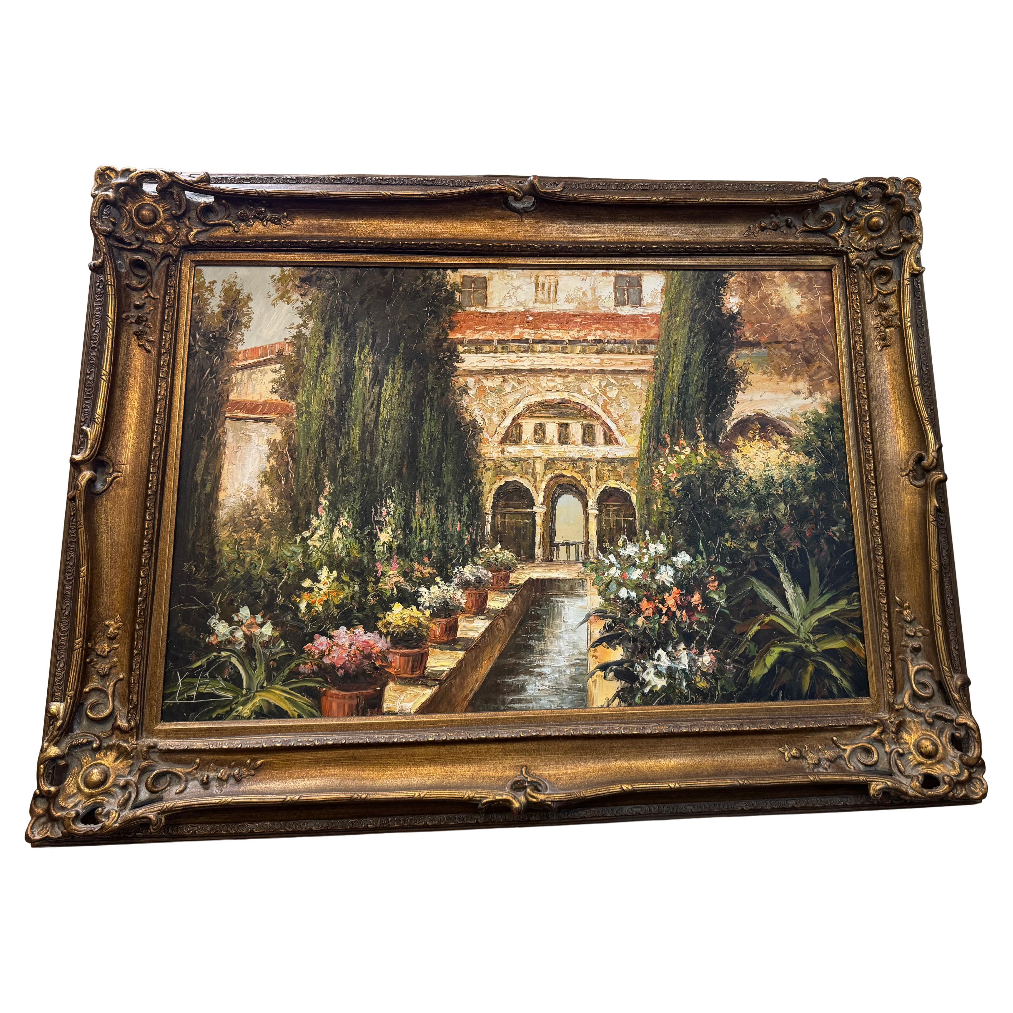 a framed painting depicting a courtyard or garden scene