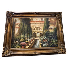 a framed painting depicting a courtyard or garden scene