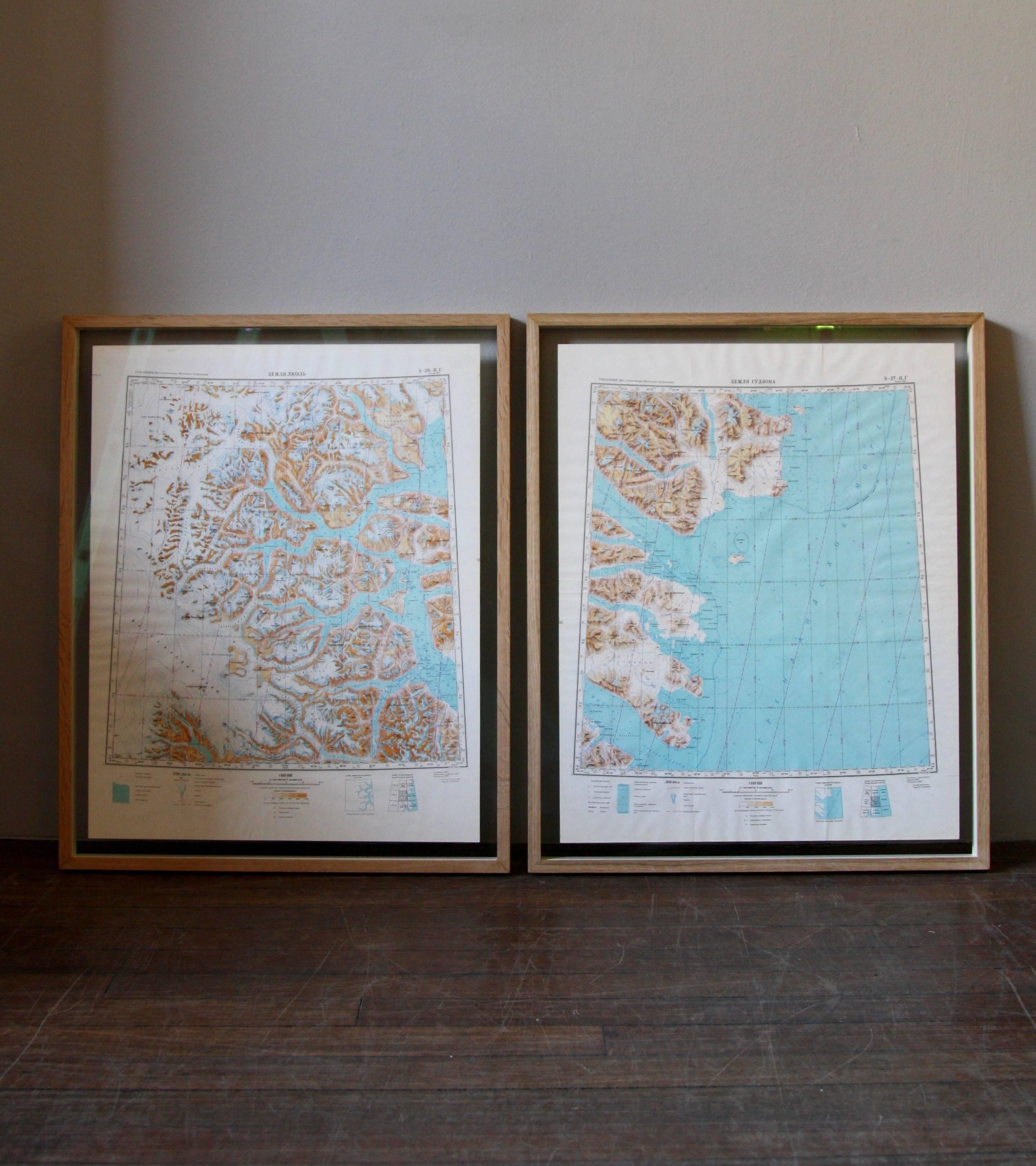 Framed Pair of Vintage Mid Century Soviet Maps of a Section of Greenland 6