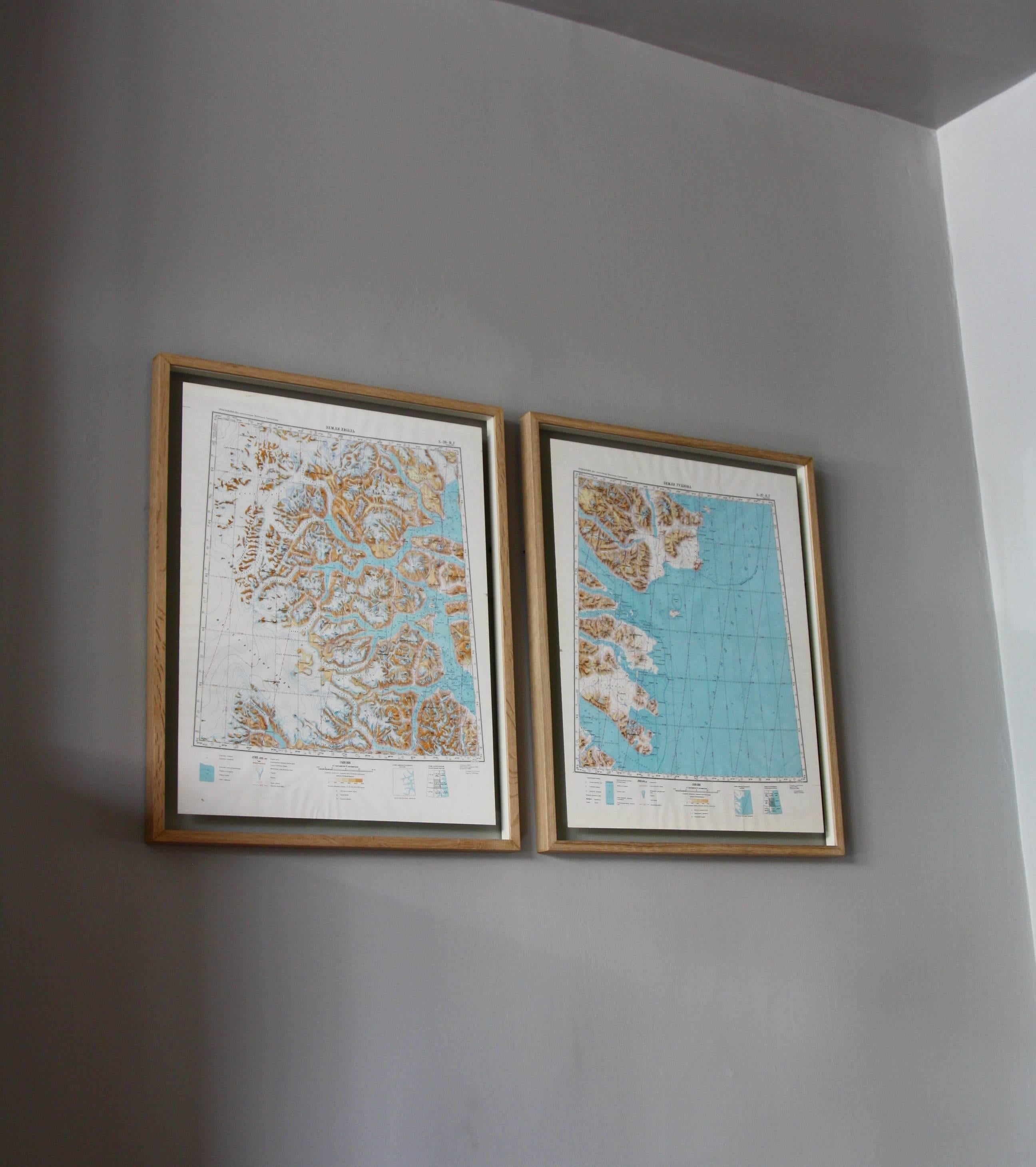Mid-Century Modern Framed Pair of Vintage Mid Century Soviet Maps of a Section of Greenland