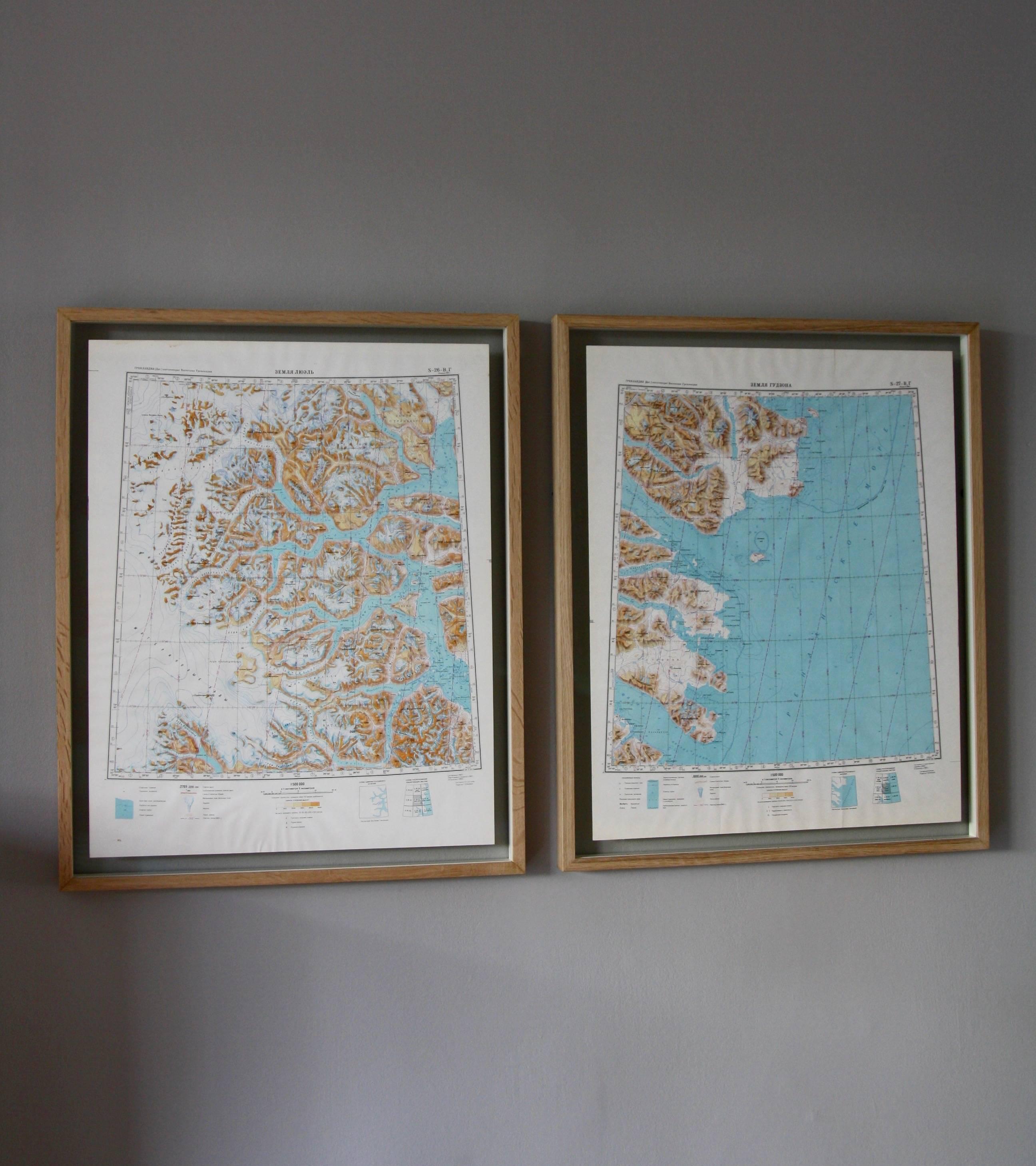 Russian Framed Pair of Vintage Mid Century Soviet Maps of a Section of Greenland