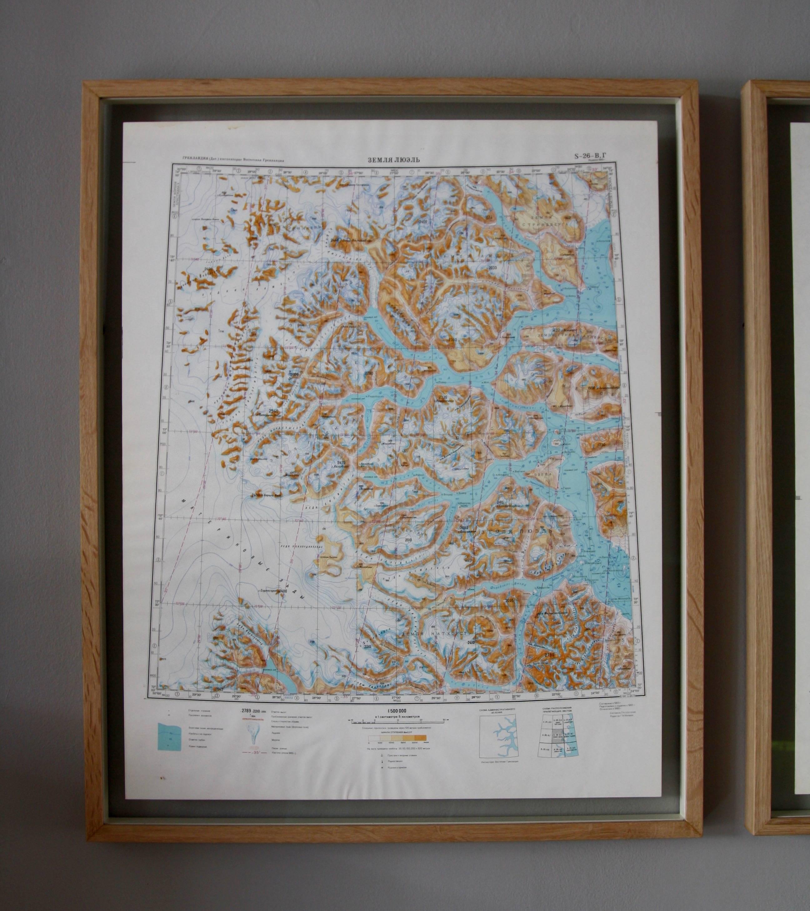 Framed Pair of Vintage Mid Century Soviet Maps of a Section of Greenland In Excellent Condition In London, GB