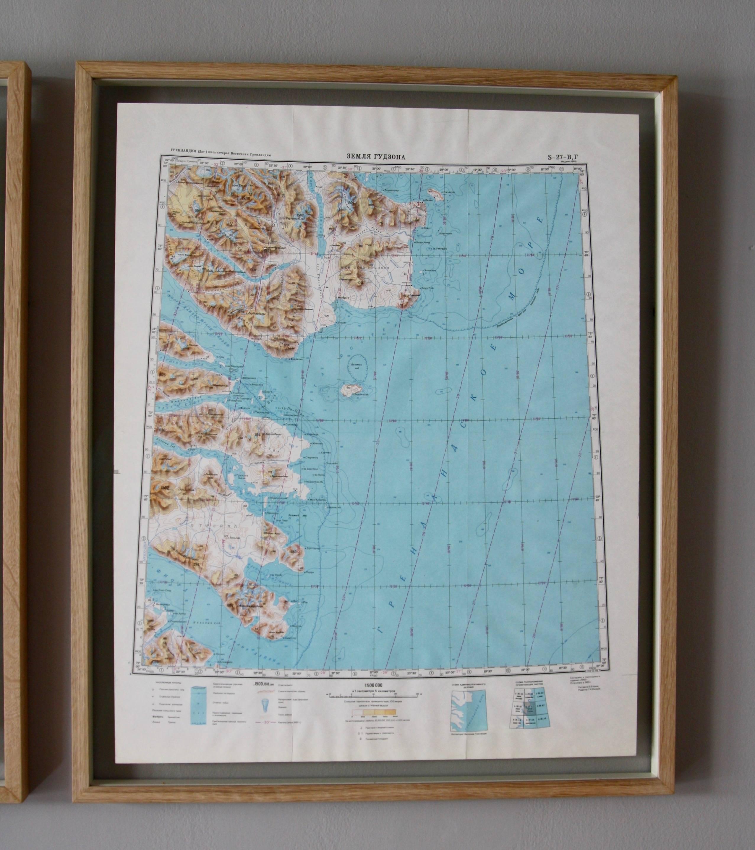 20th Century Framed Pair of Vintage Mid Century Soviet Maps of a Section of Greenland