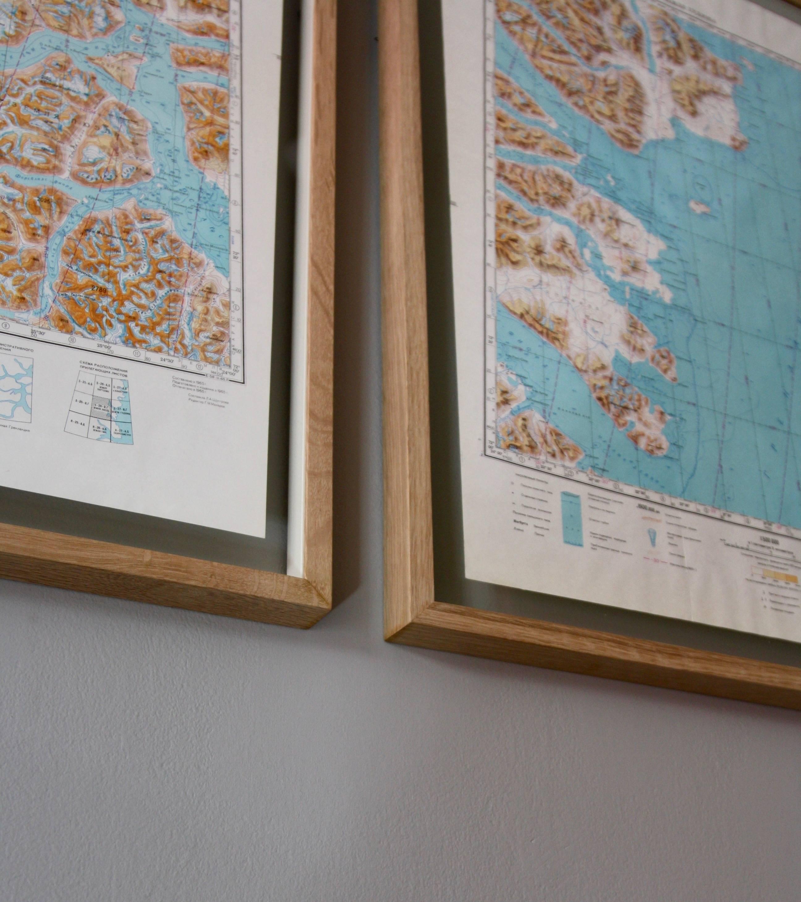 Glass Framed Pair of Vintage Mid Century Soviet Maps of a Section of Greenland