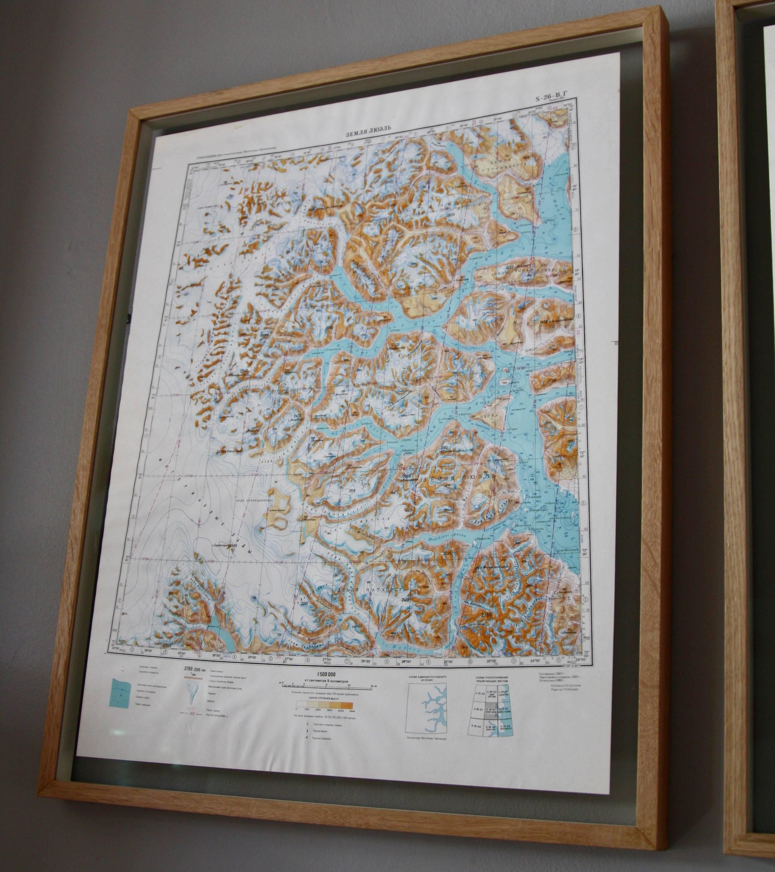 Framed Pair of Vintage Mid Century Soviet Maps of a Section of Greenland 1