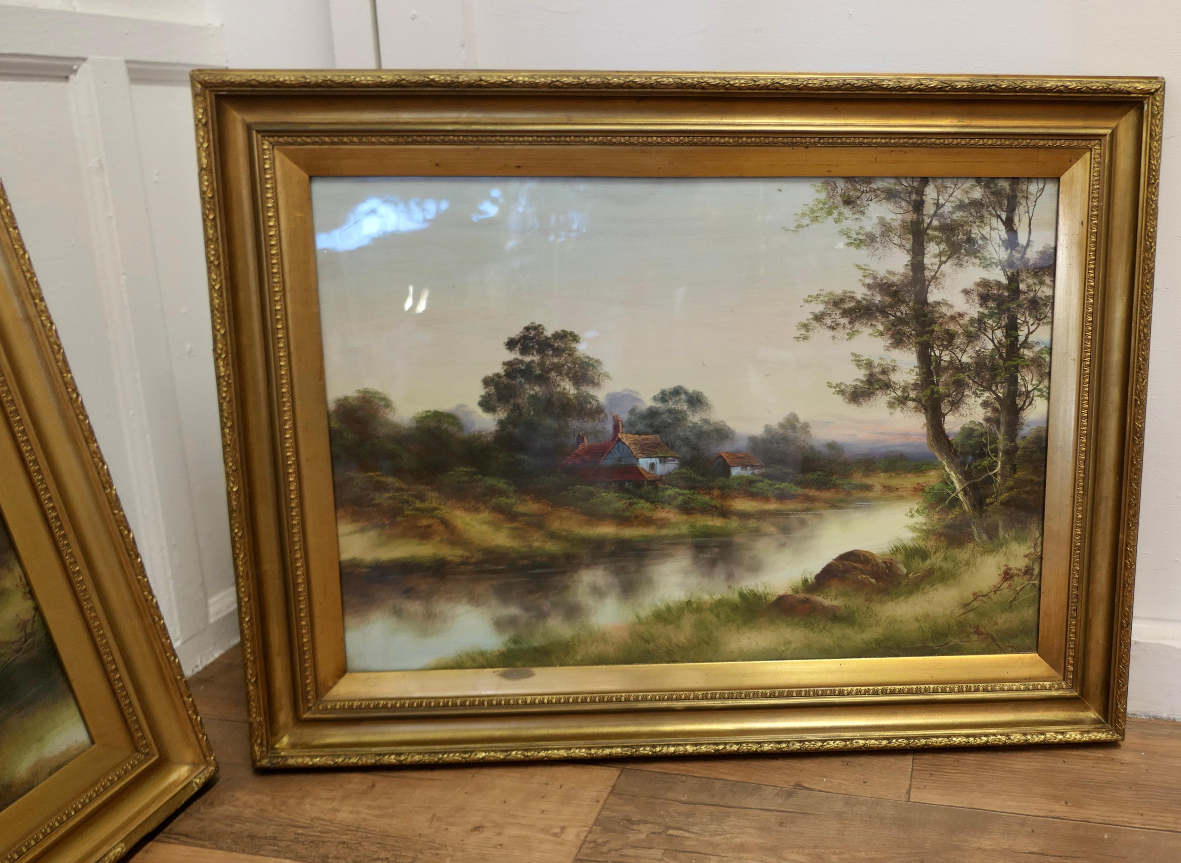 Victorian Framed Pair of Water Colour Paintings, English Country Scenes For Sale