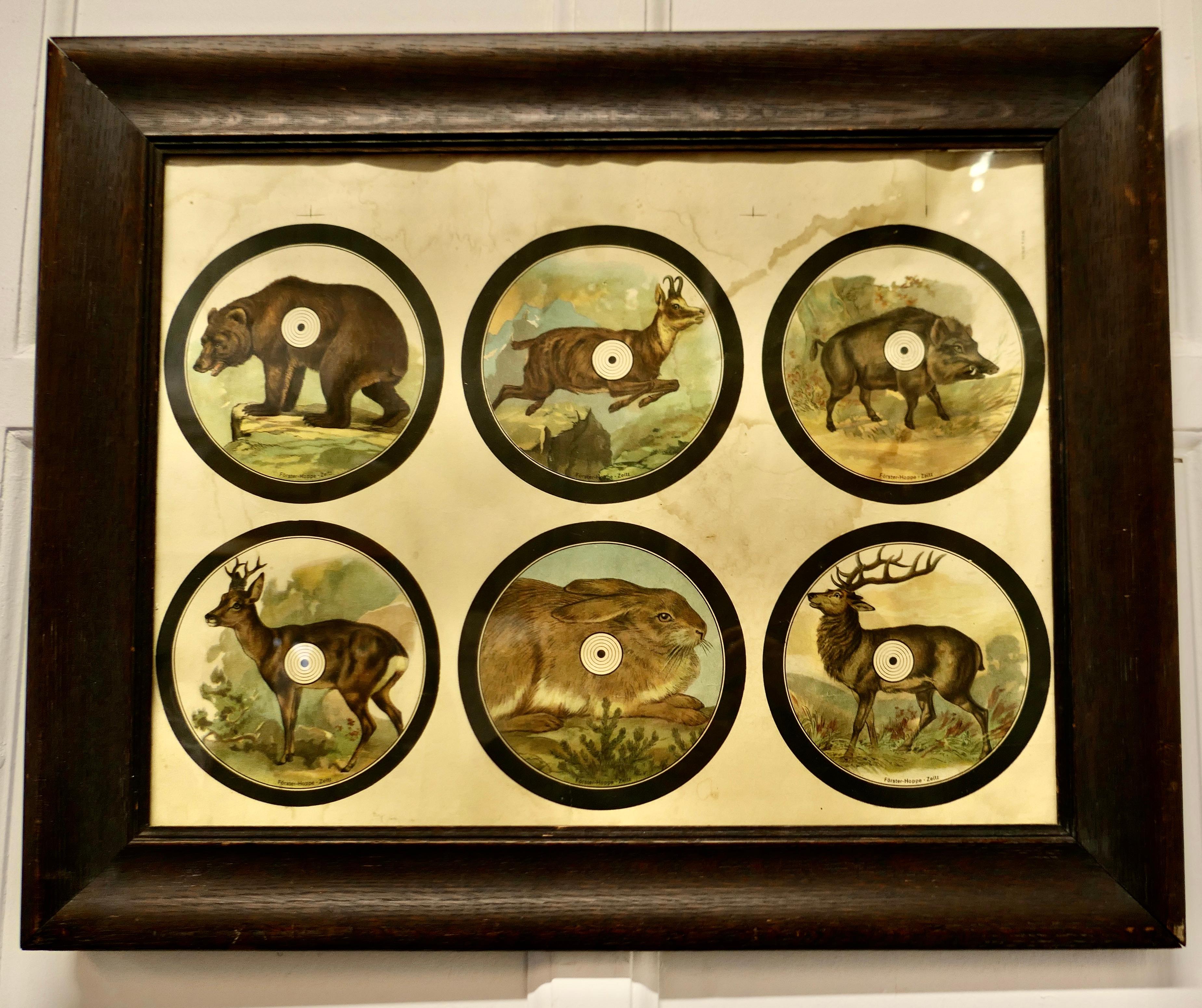 A framed set of black forest hunting/shooting targets.

This is a charming set framed in an old oak frame, they show the wild Game from the Black forest
This is a very attractive set, the set has a few watermarks on the paper but is in otherwise