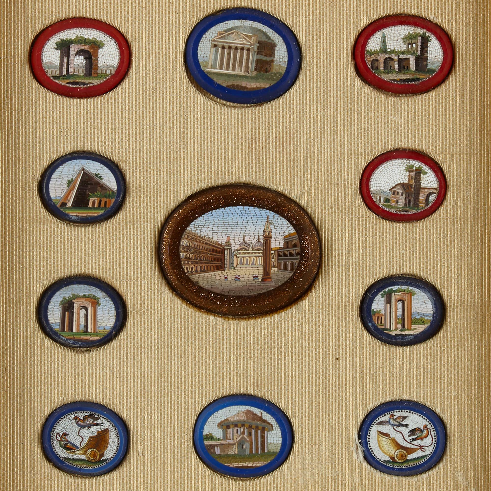 A framed set of eleven micromosaic plaques of Italian monuments
Italian, 19th century
Measures: Height 22cm, width 21.5cm, depth 2.5cm

Made during the Grand Tour, as a way for aristocratic visitors to Italy to remember the beautiful and