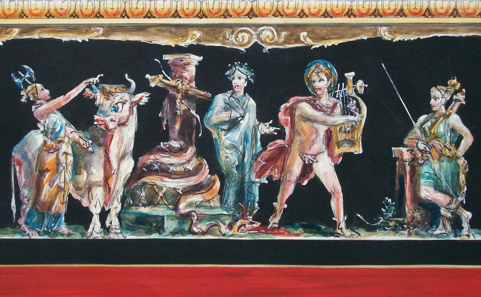 ANTONIO FRANCIONE (1907 -1987 - Italien) - 'Pompeji' - Hochwertiges Gemälde im Fries-Stil - Aquarell und Gouache über Graphit auf Papier - außergewöhnliche Qualität und Komposition - vom Künstler mit Bleistift rechts unten signiert - links unten