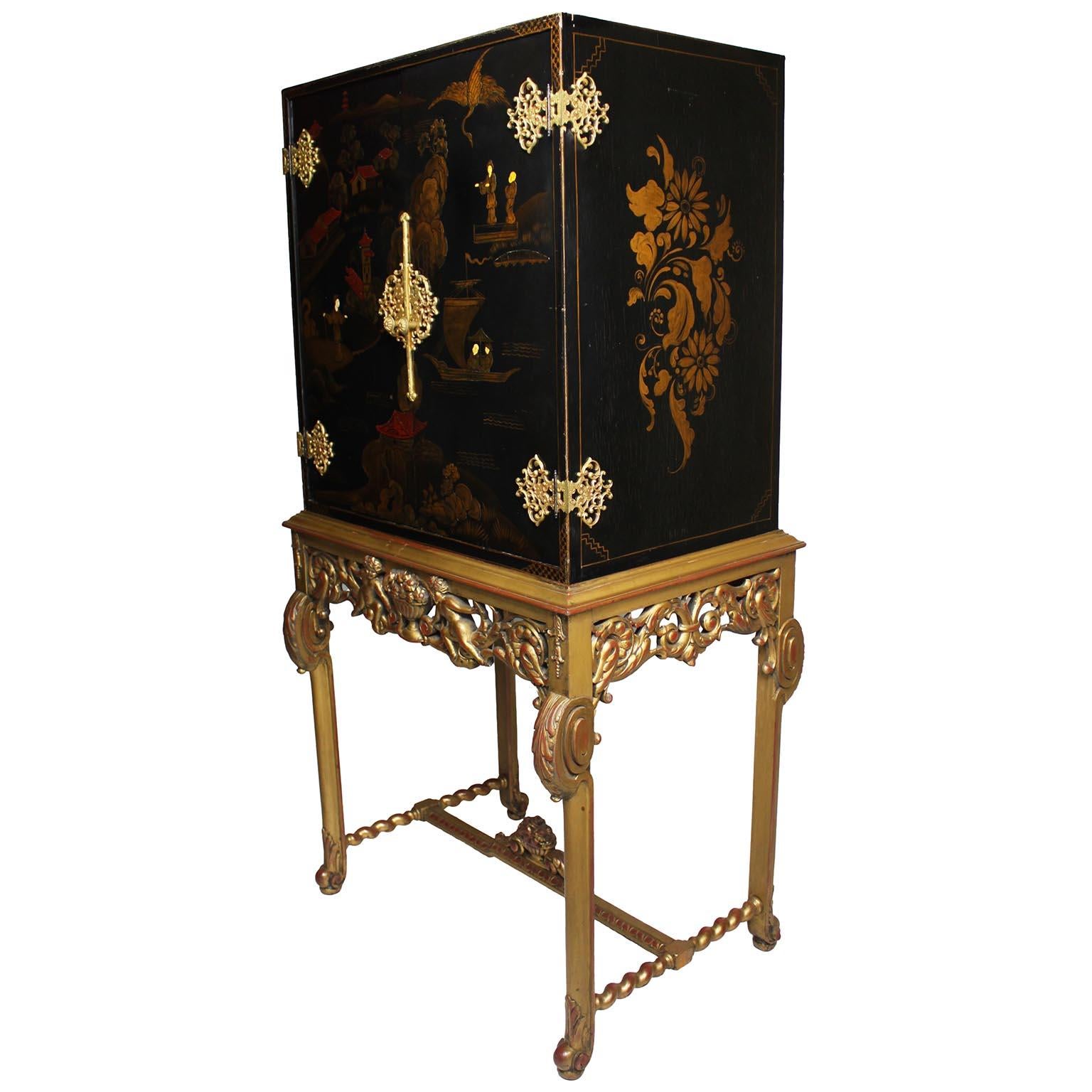 Early 20th Century A Franco-English 19th/20th Century Chinoiserie Style Two-Door Cabinet on Stand For Sale