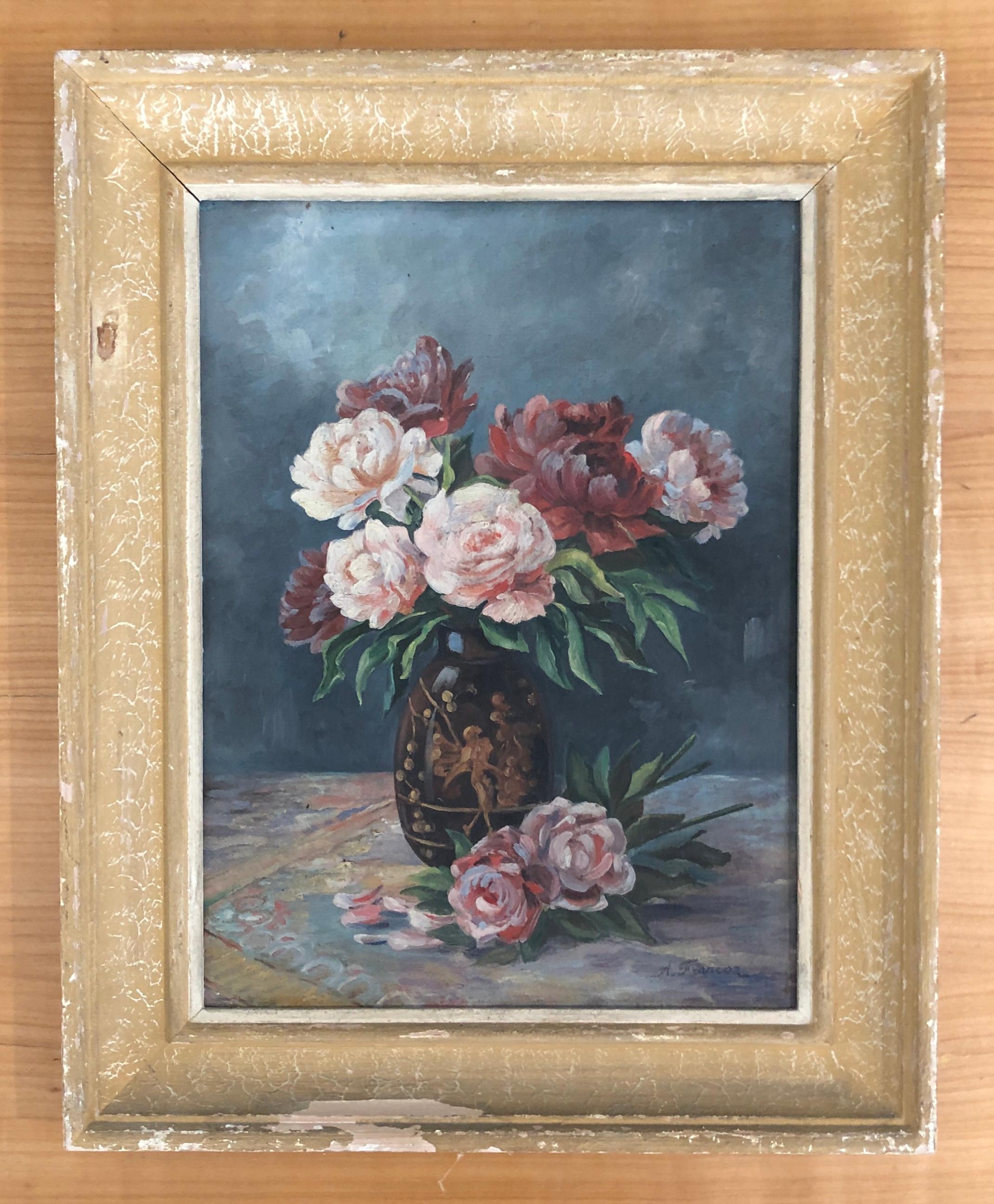 Natura morta con peonie e vaso - Painting di A. Francoz