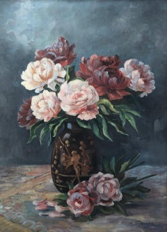 Natura morta con peonie e vaso