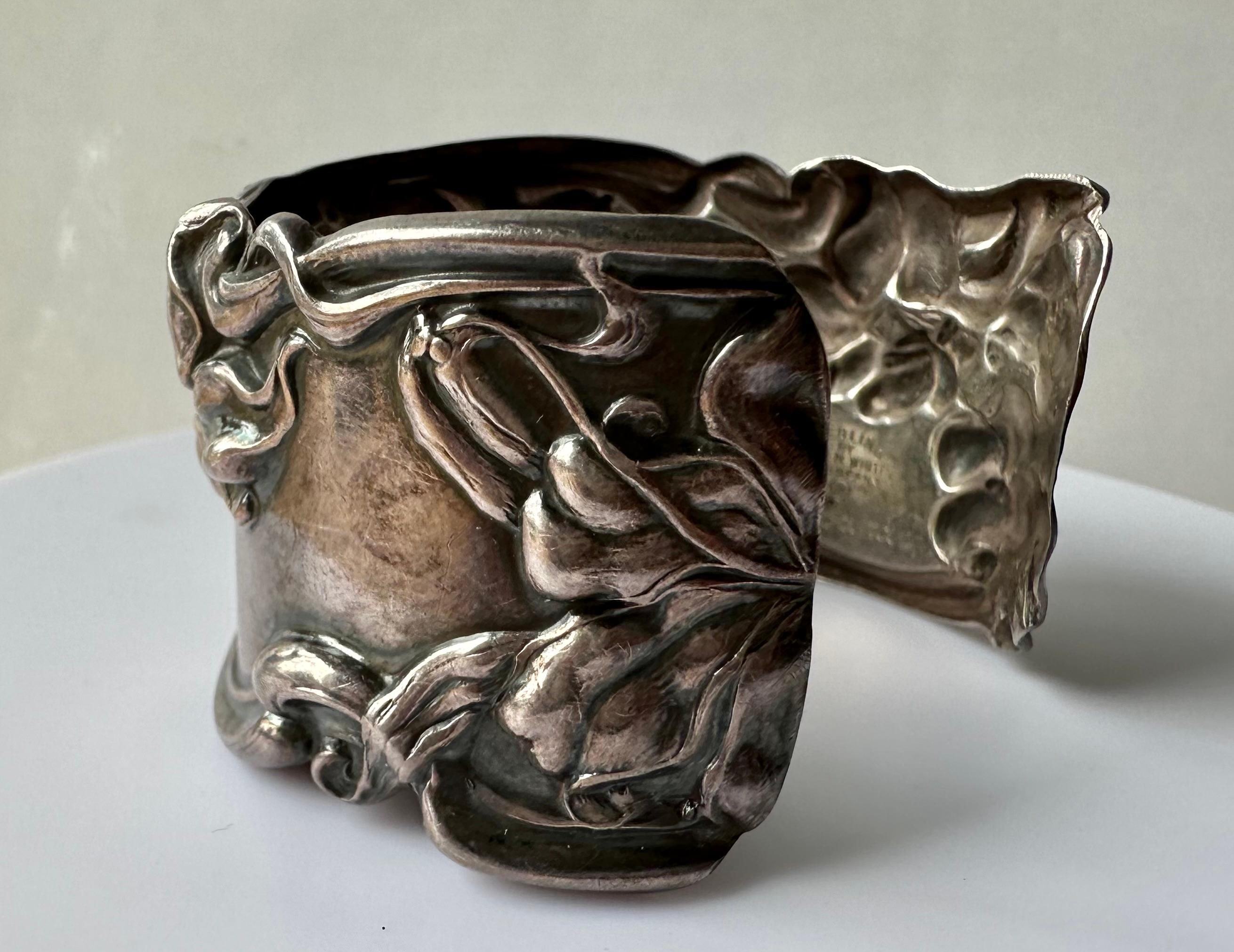 A Frank Whiting Iris Themed Silver Cuff Bracelet In Good Condition For Sale In Coupeville, WA