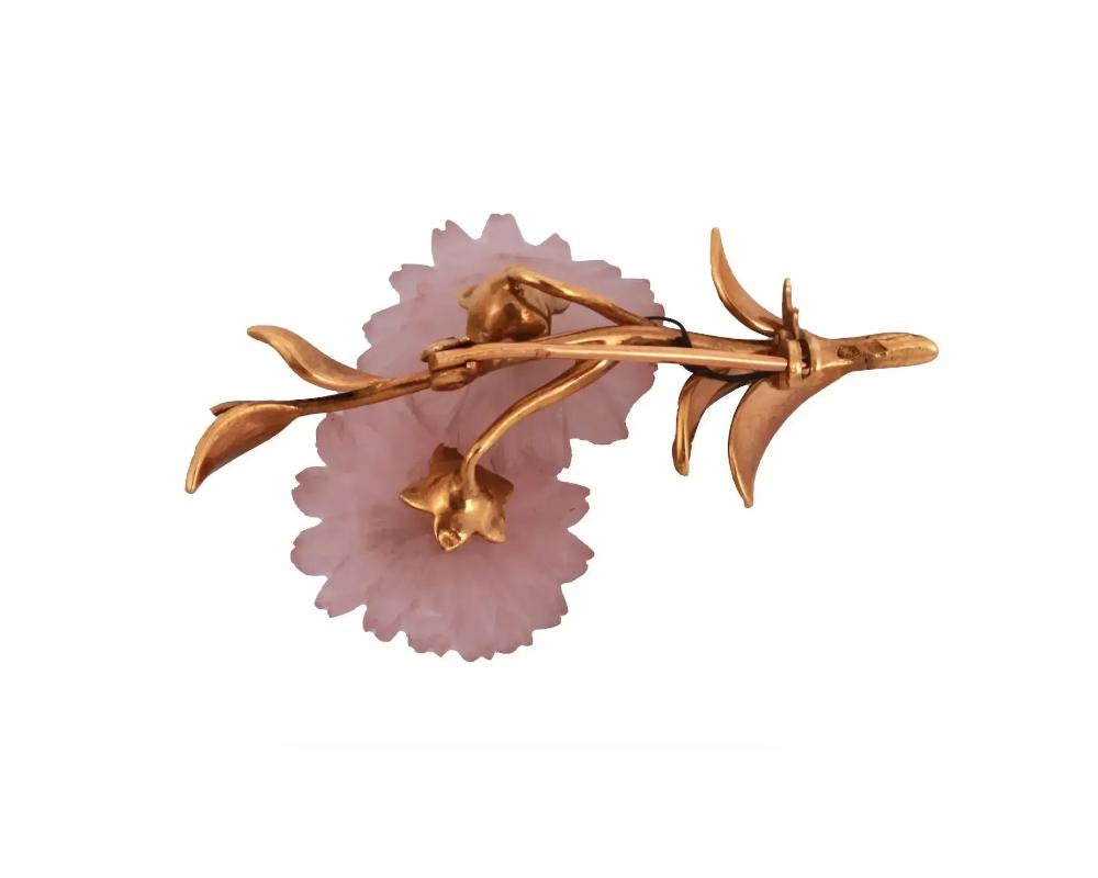 A French 18K Gold, Rock Crystal and Rose Quartz Flower Pin Brooch In Good Condition For Sale In New York, NY